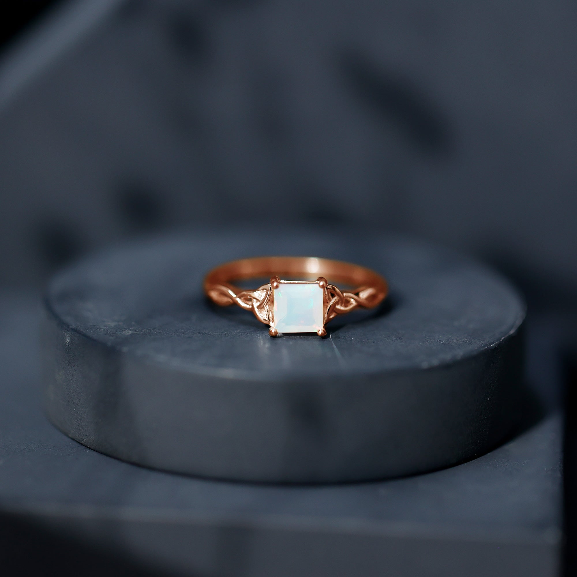 Genuine Princess Cut Ethiopian Opal Promise Ring with Celtic Knot