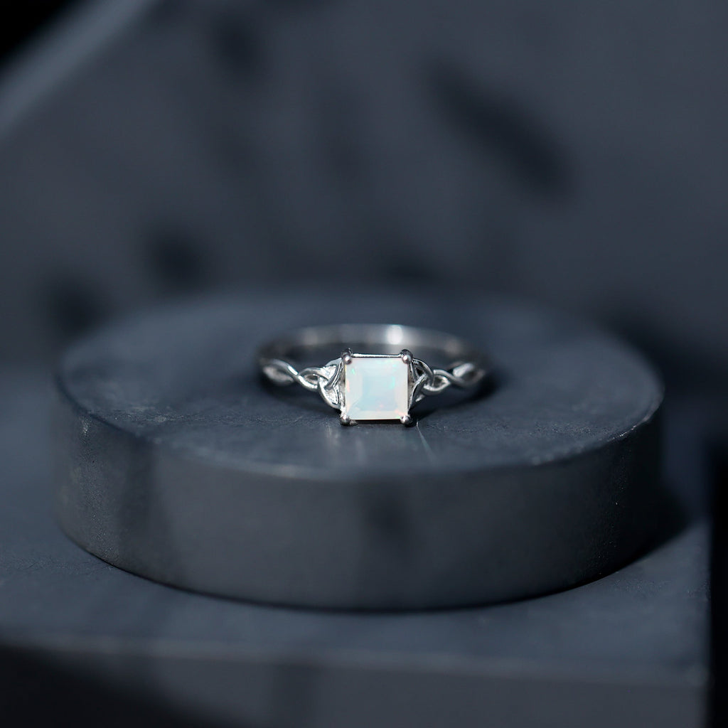 Genuine Princess Cut Ethiopian Opal Promise Ring with Celtic Knot