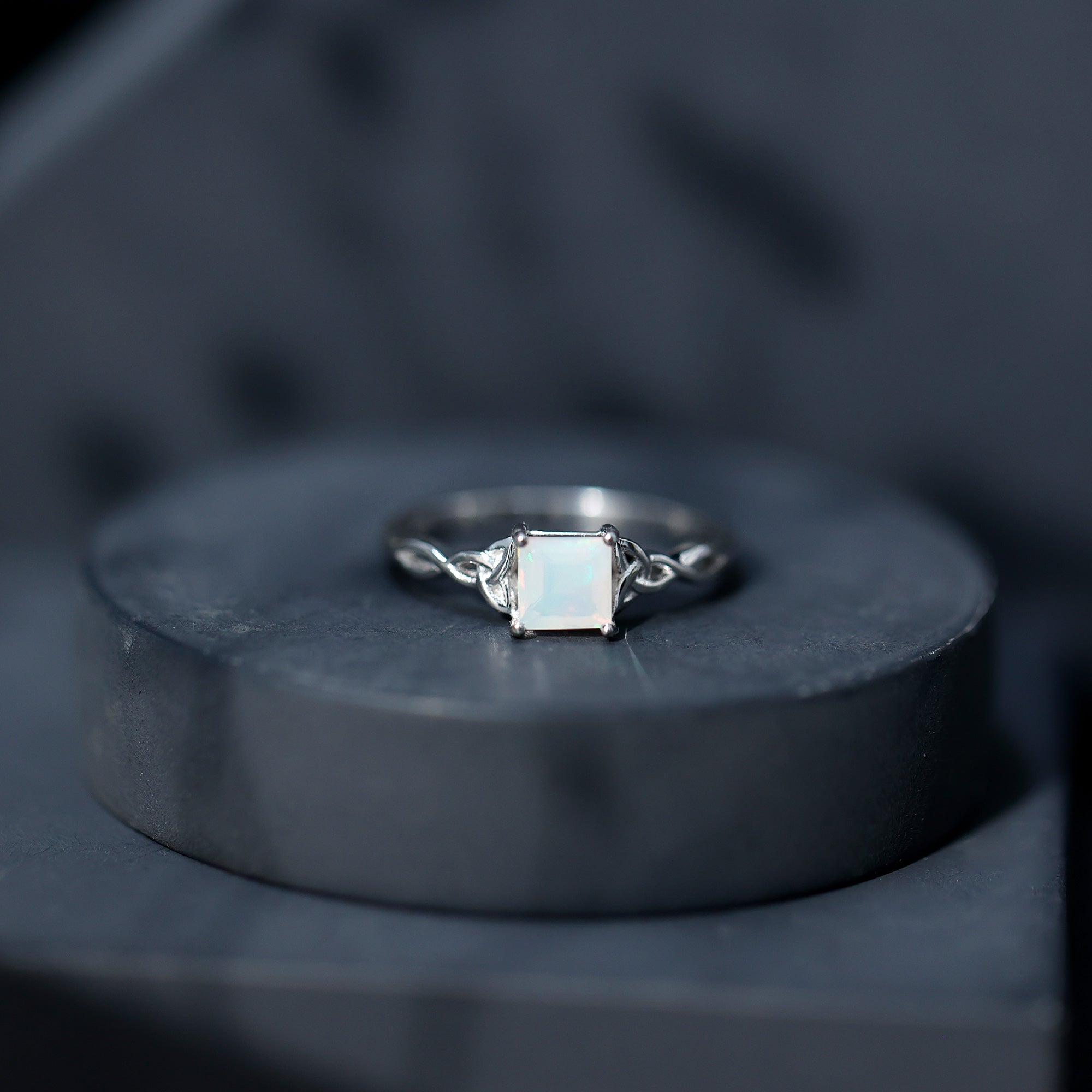 Genuine Princess Cut Ethiopian Opal Promise Ring with Celtic Knot