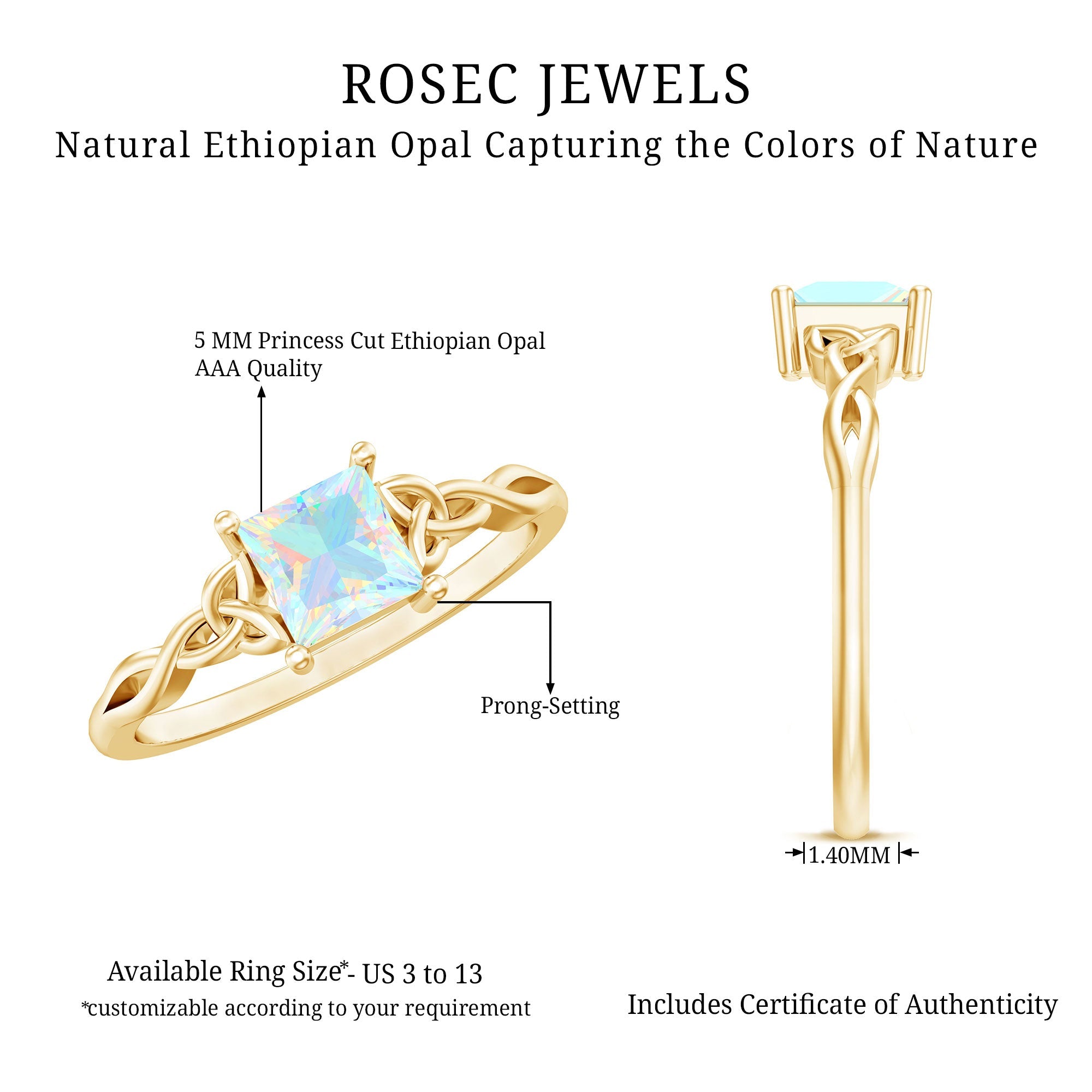 Genuine Princess Cut Ethiopian Opal Promise Ring with Celtic Knot