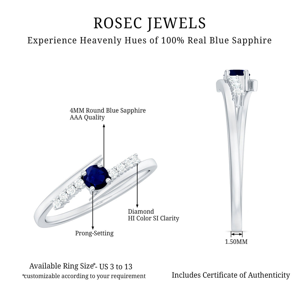 Real Blue Sapphire Promise Ring with Diamond Bypass Shank