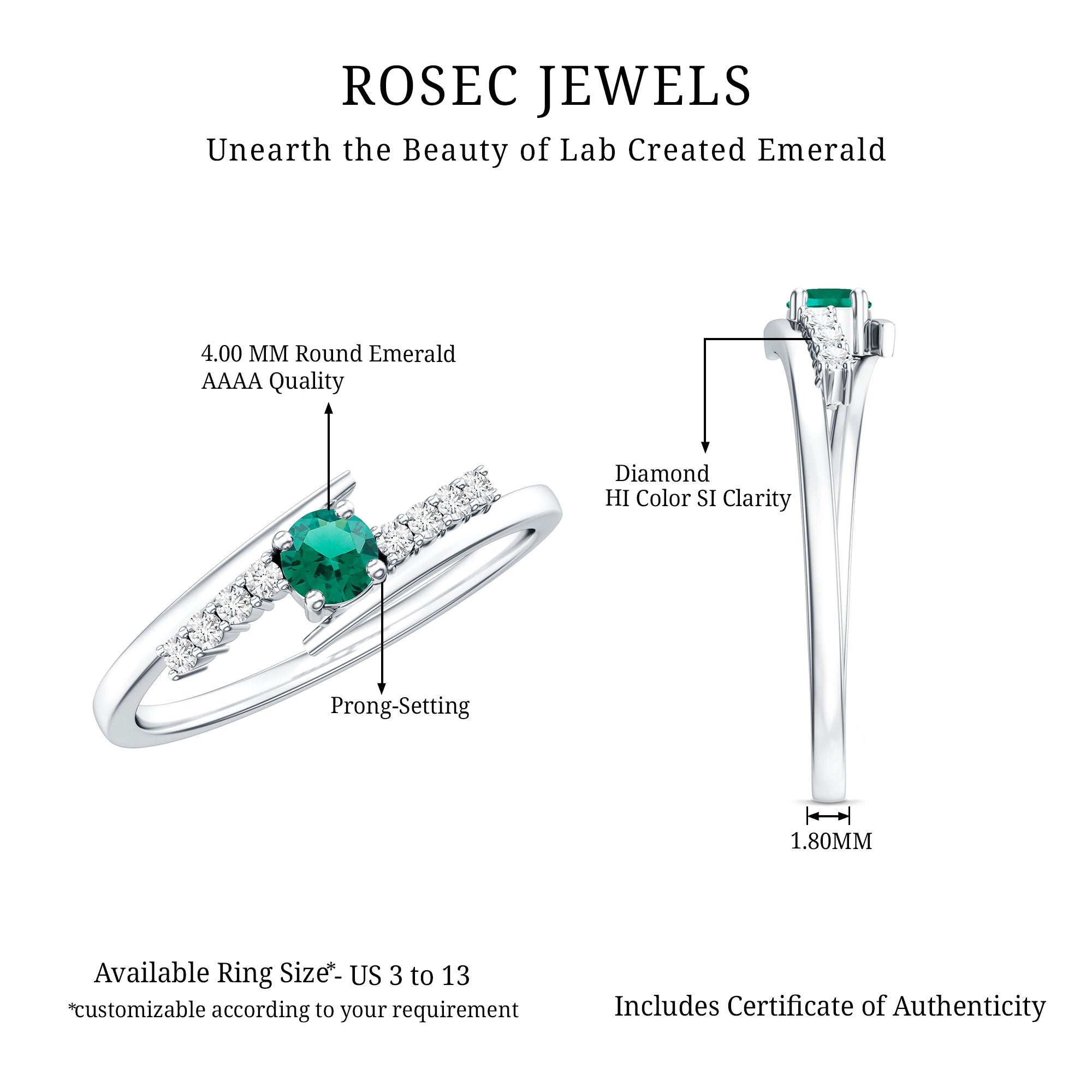 Certified Lab Grown Emerald Diamond Simple Promise Ring with Bypass Shank