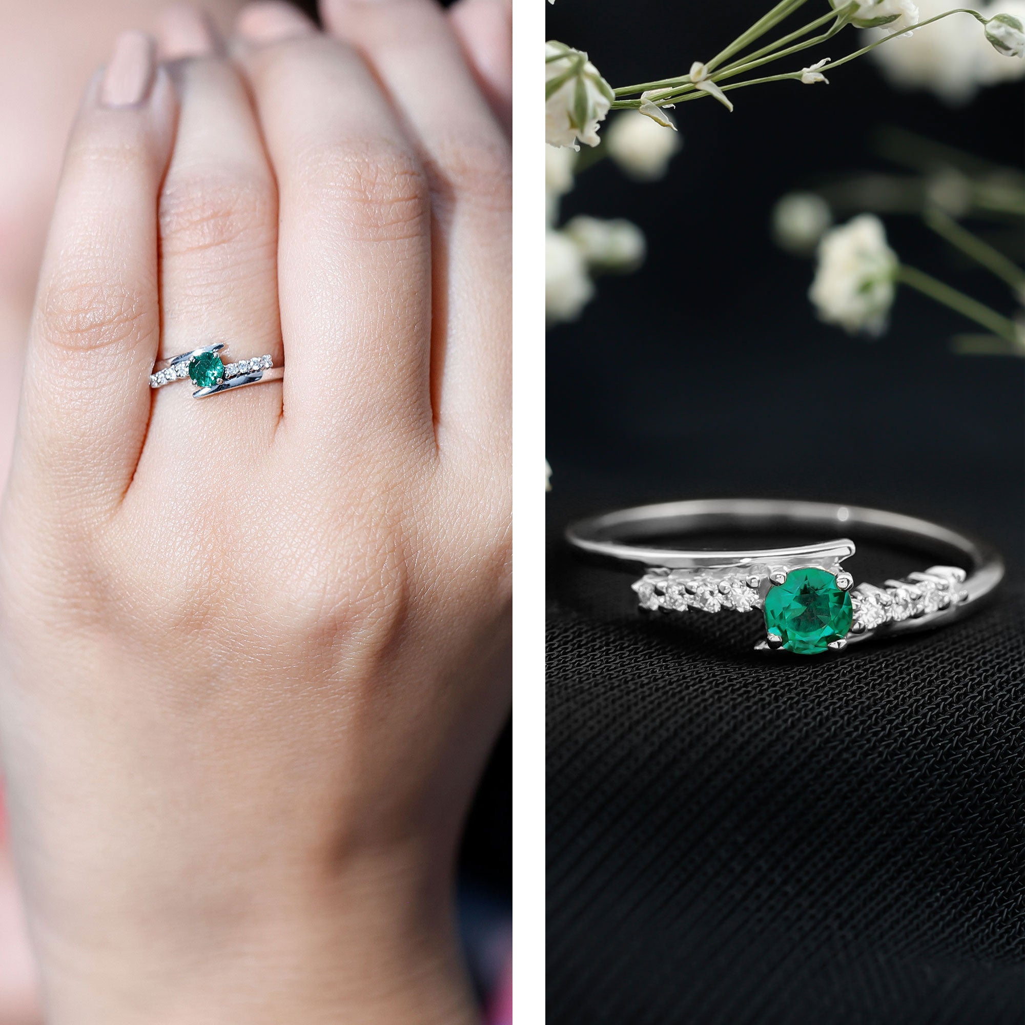 Certified Lab Grown Emerald Diamond Simple Promise Ring with Bypass Shank