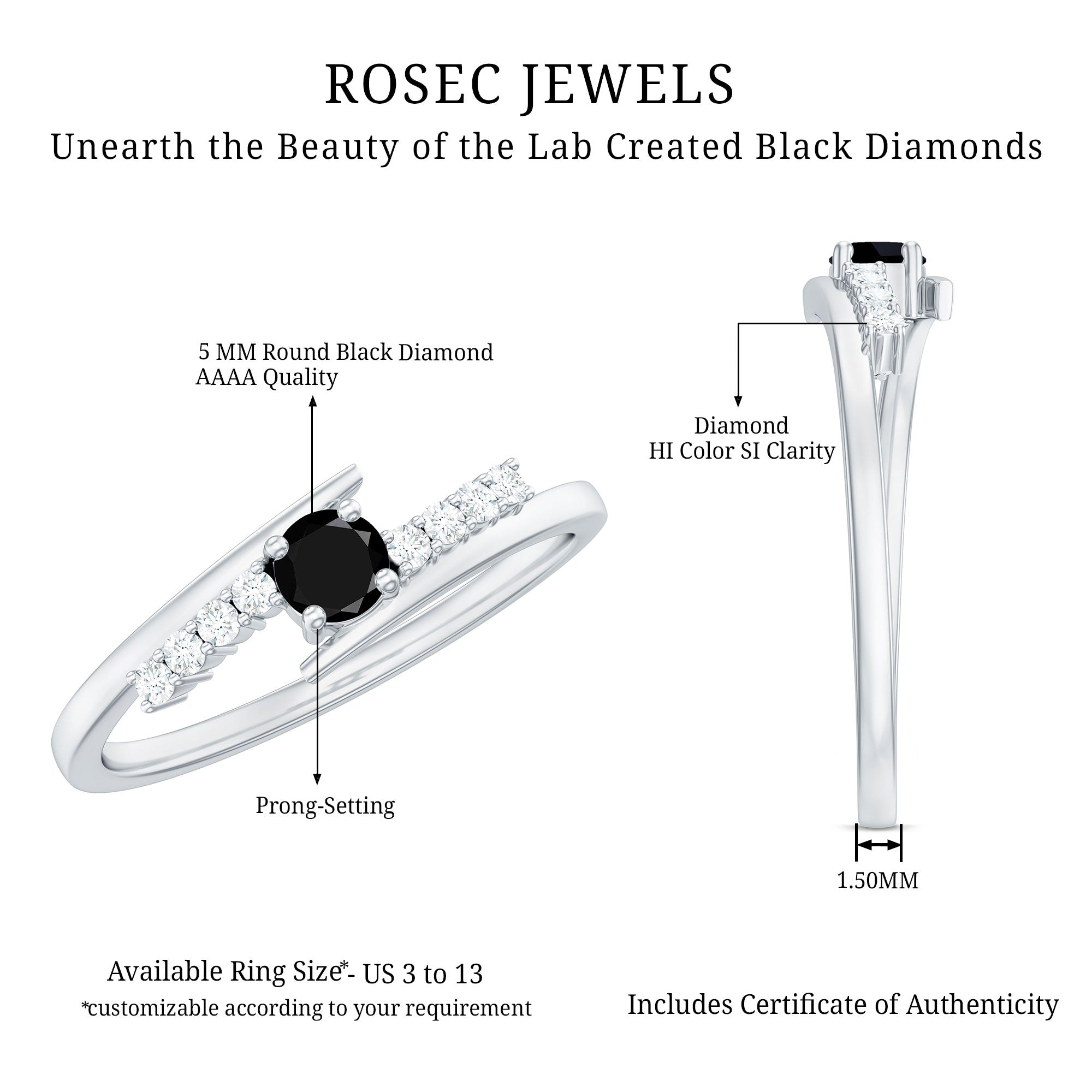 Minimal Round Created Black Diamond and Diamond Bypass Promise Ring