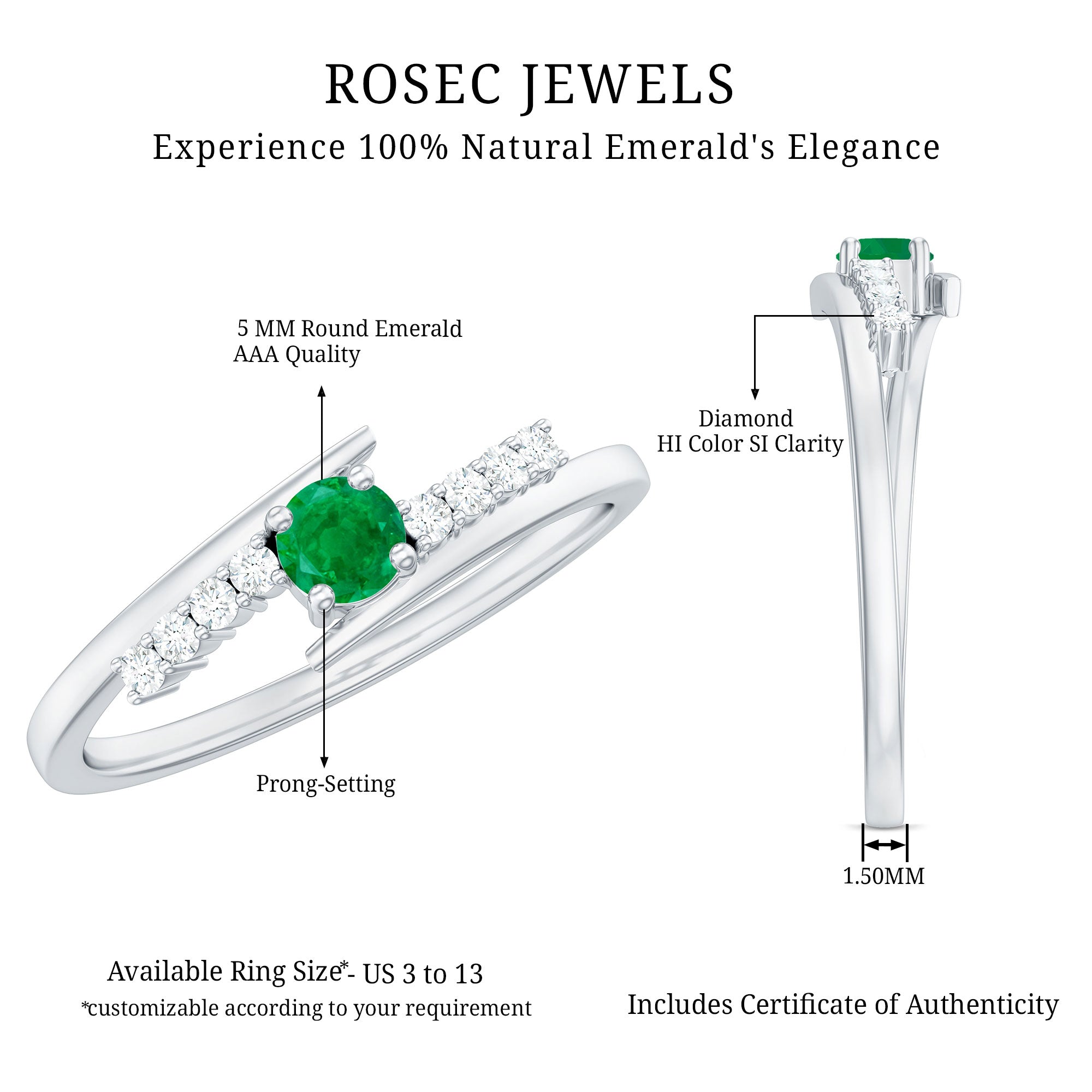 Real Emerald and Diamond Promise Ring with Bypass Shank