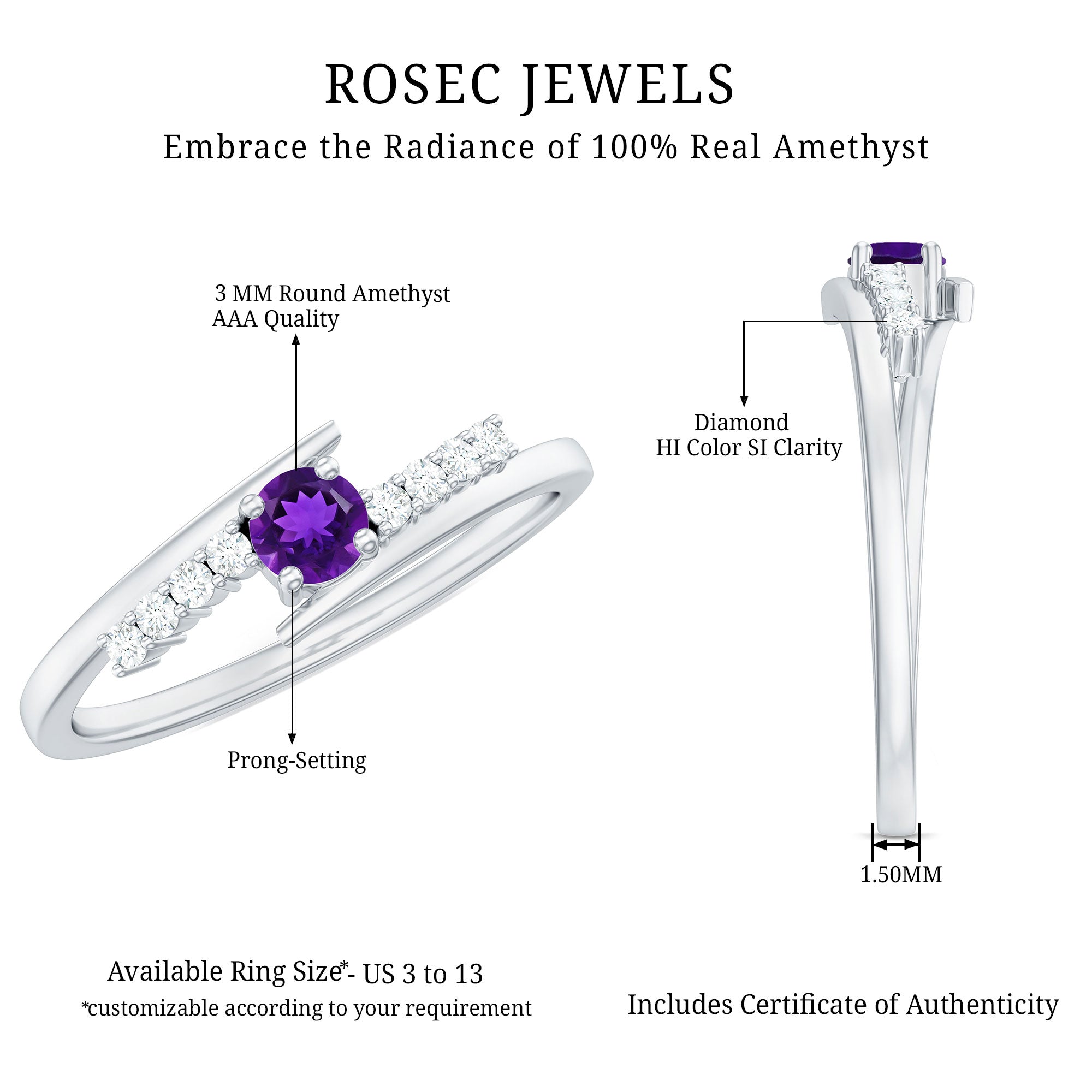 Real Amethyst and Diamond Bypass Promise Ring with Certificate