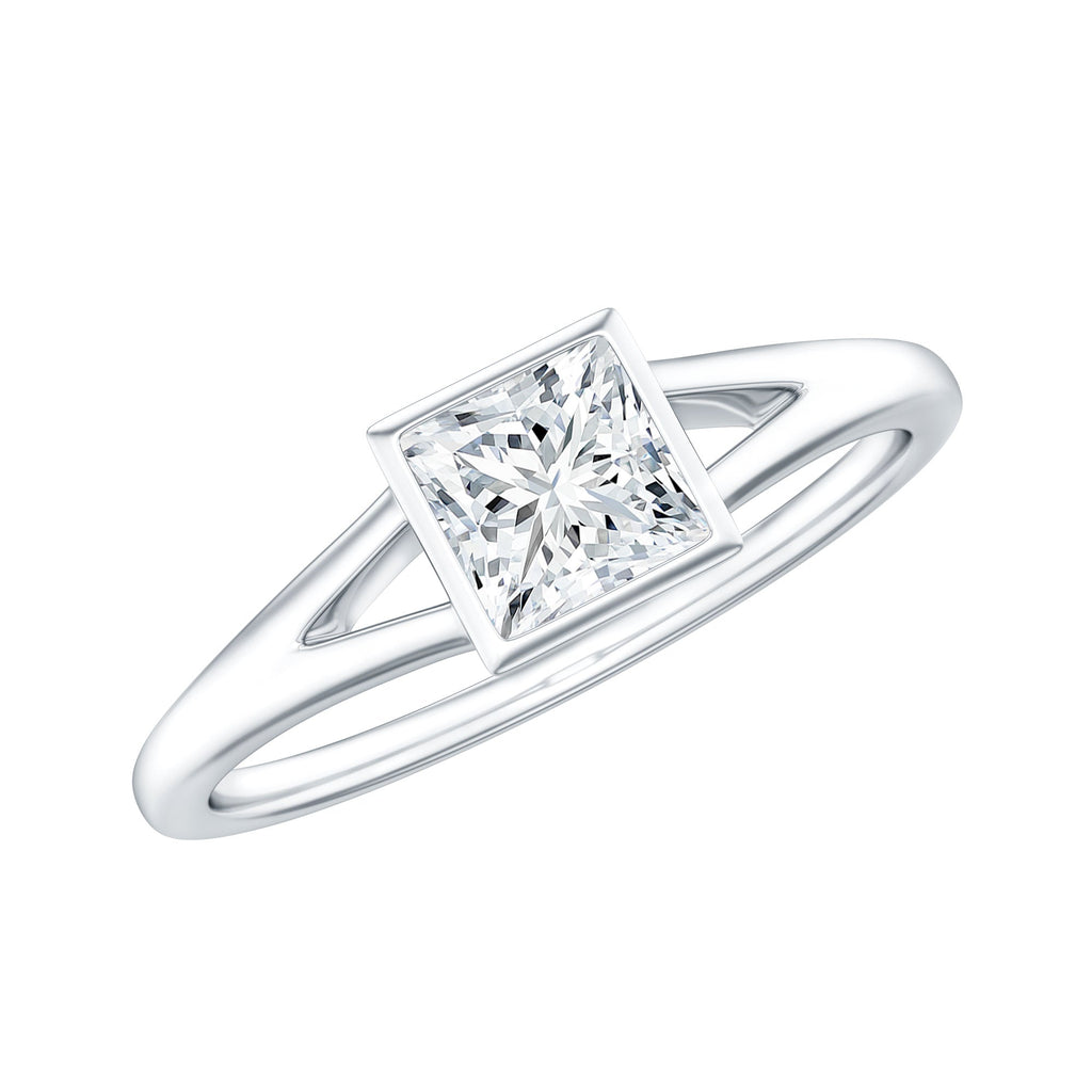 Bezel Set Princess Cut Moissanite Solitaire Promise Ring in Split Shank