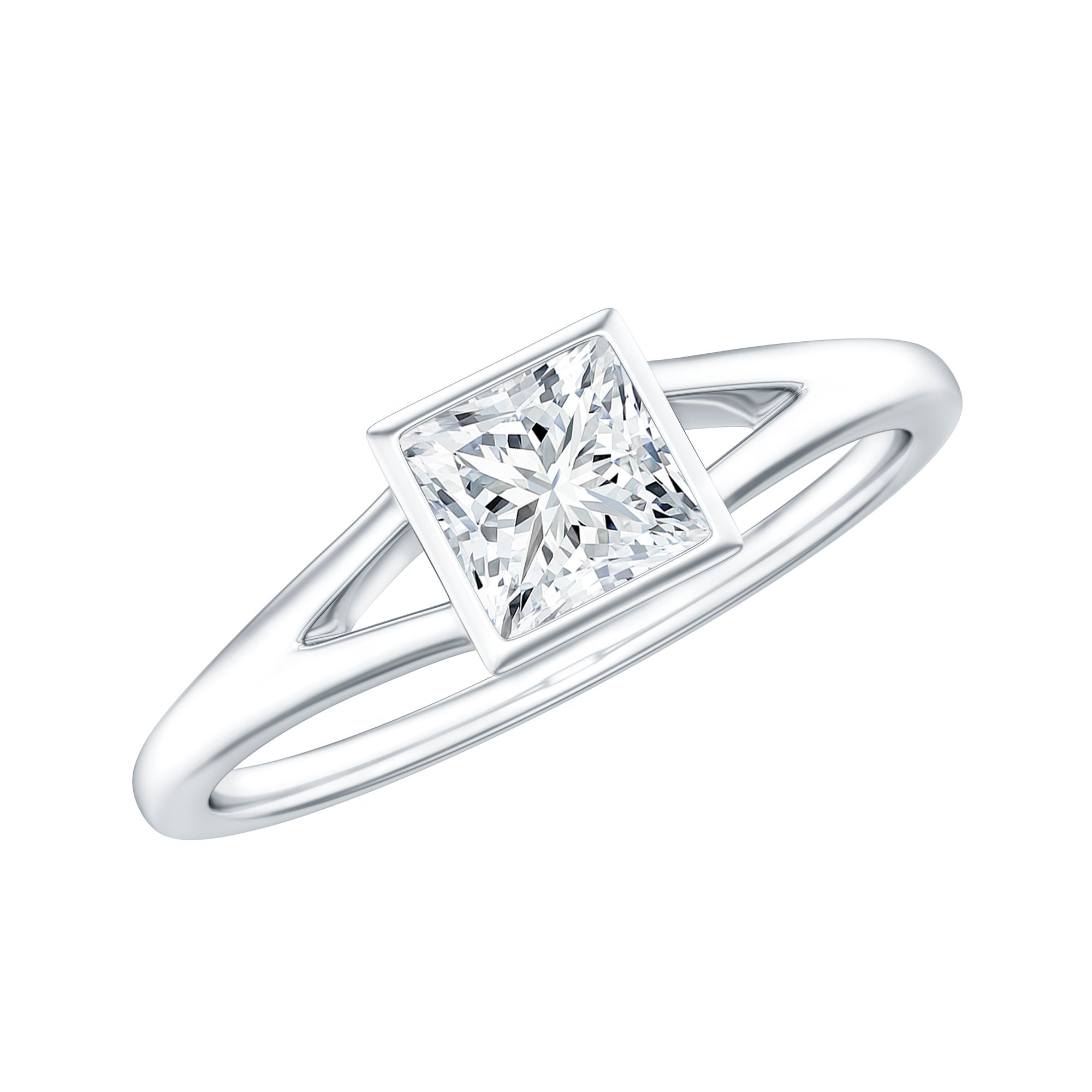 Bezel Set Princess Cut Moissanite Solitaire Promise Ring in Split Shank