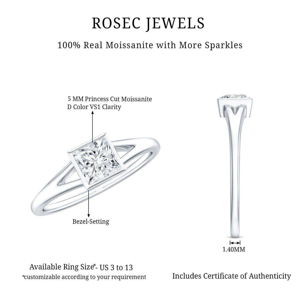 Bezel Set Princess Cut Moissanite Solitaire Promise Ring in Split Shank