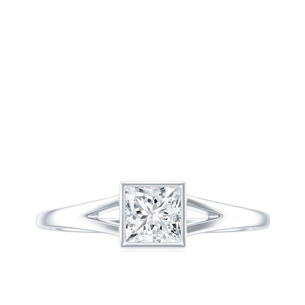 Bezel Set Princess Cut Moissanite Solitaire Promise Ring in Split Shank