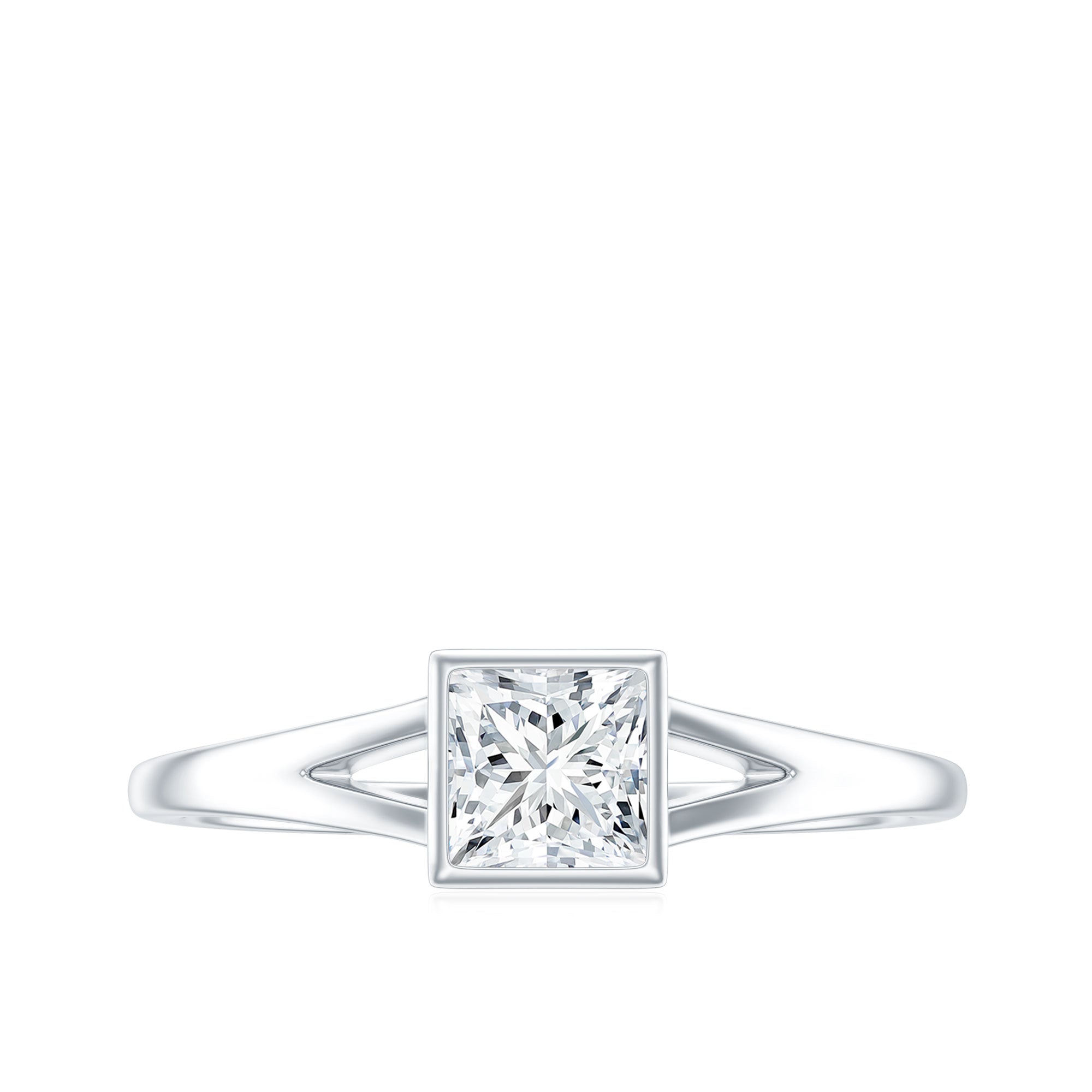 Bezel Set Princess Cut Moissanite Solitaire Promise Ring in Split Shank