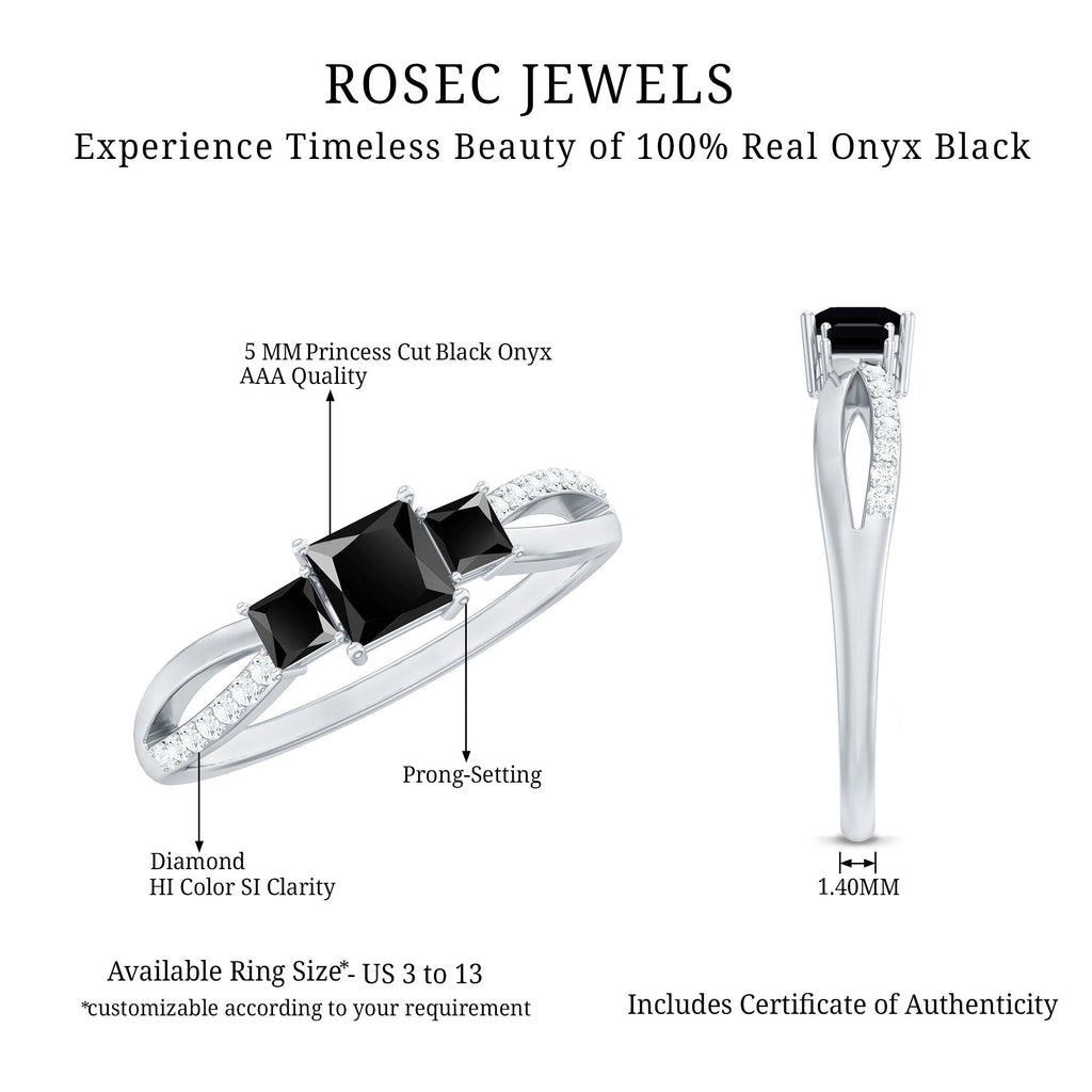 Princess Cut Black Onyx 3 Stone Promise Ring with Diamond