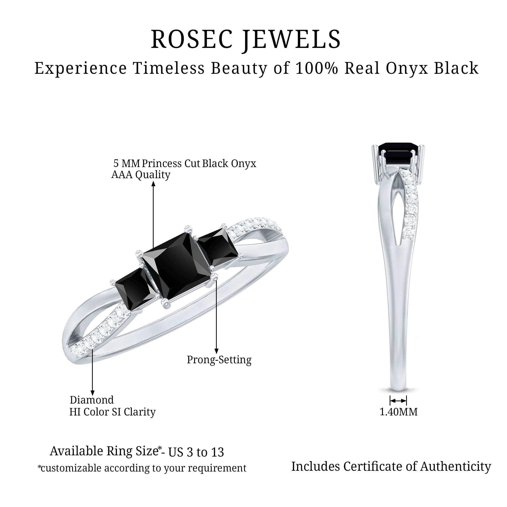 Princess Cut Black Onyx 3 Stone Promise Ring with Diamond