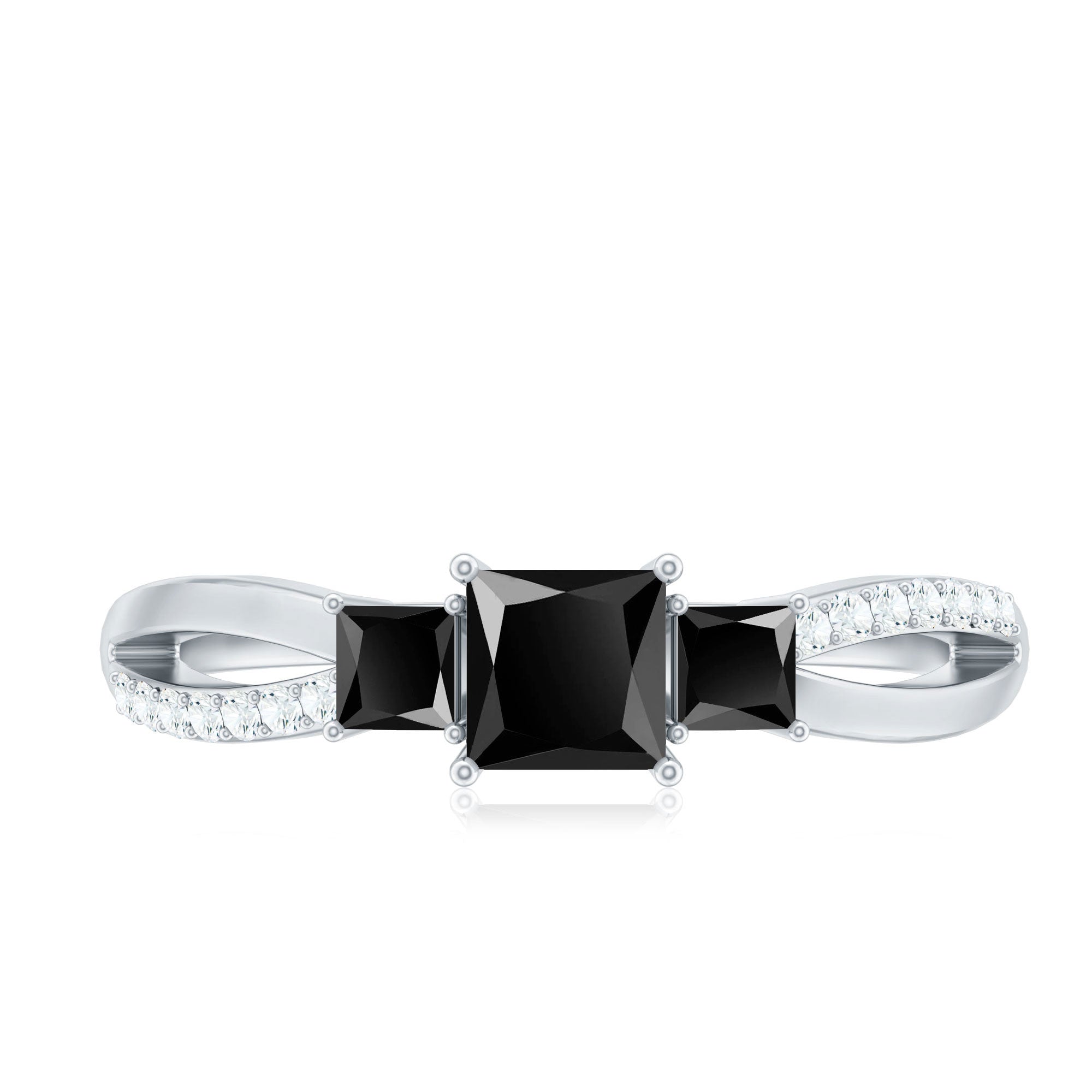 Princess Cut Black Onyx 3 Stone Promise Ring with Diamond