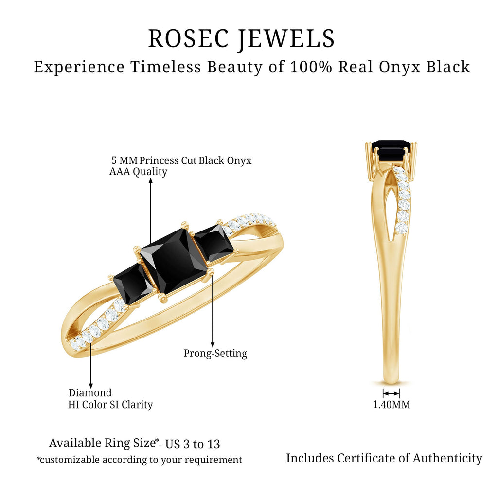 Princess Cut Black Onyx 3 Stone Promise Ring with Diamond