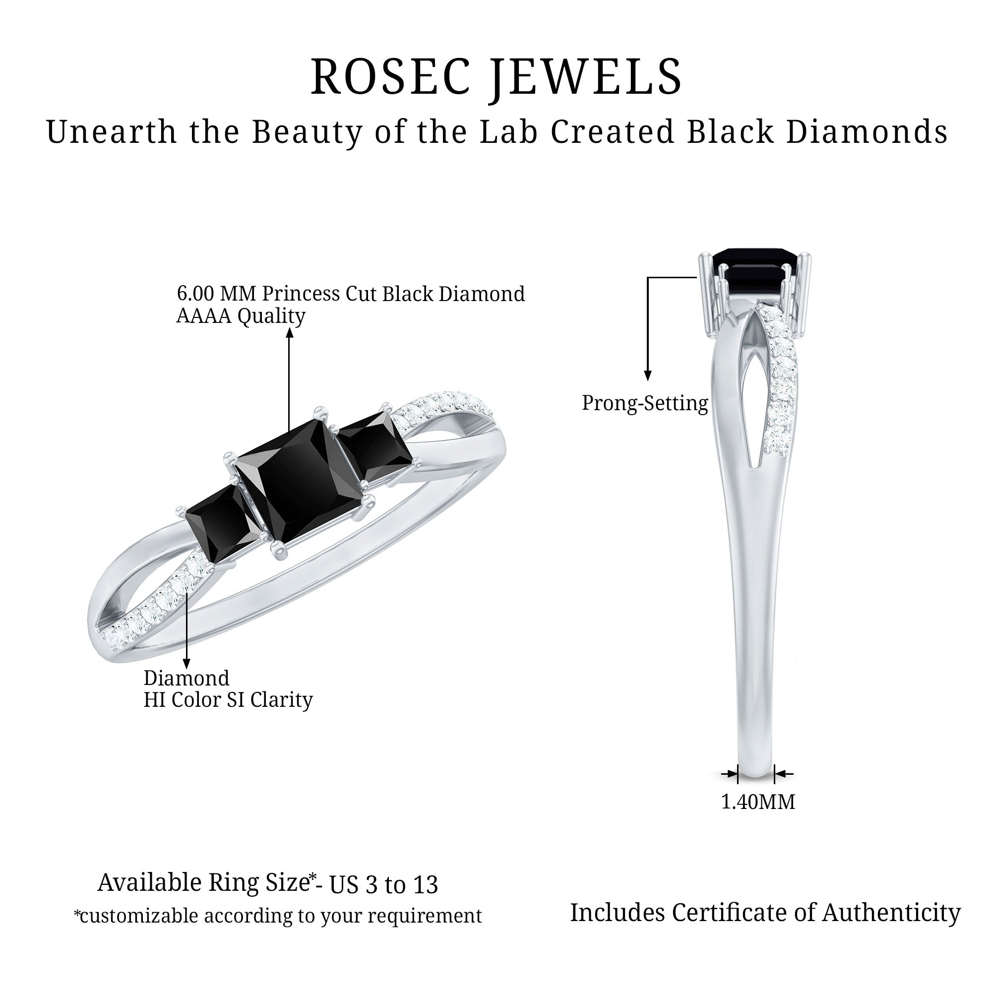 Certified 1 Carat Lab Grown Black Diamond 3 Stone Engagement Ring with White Diamond