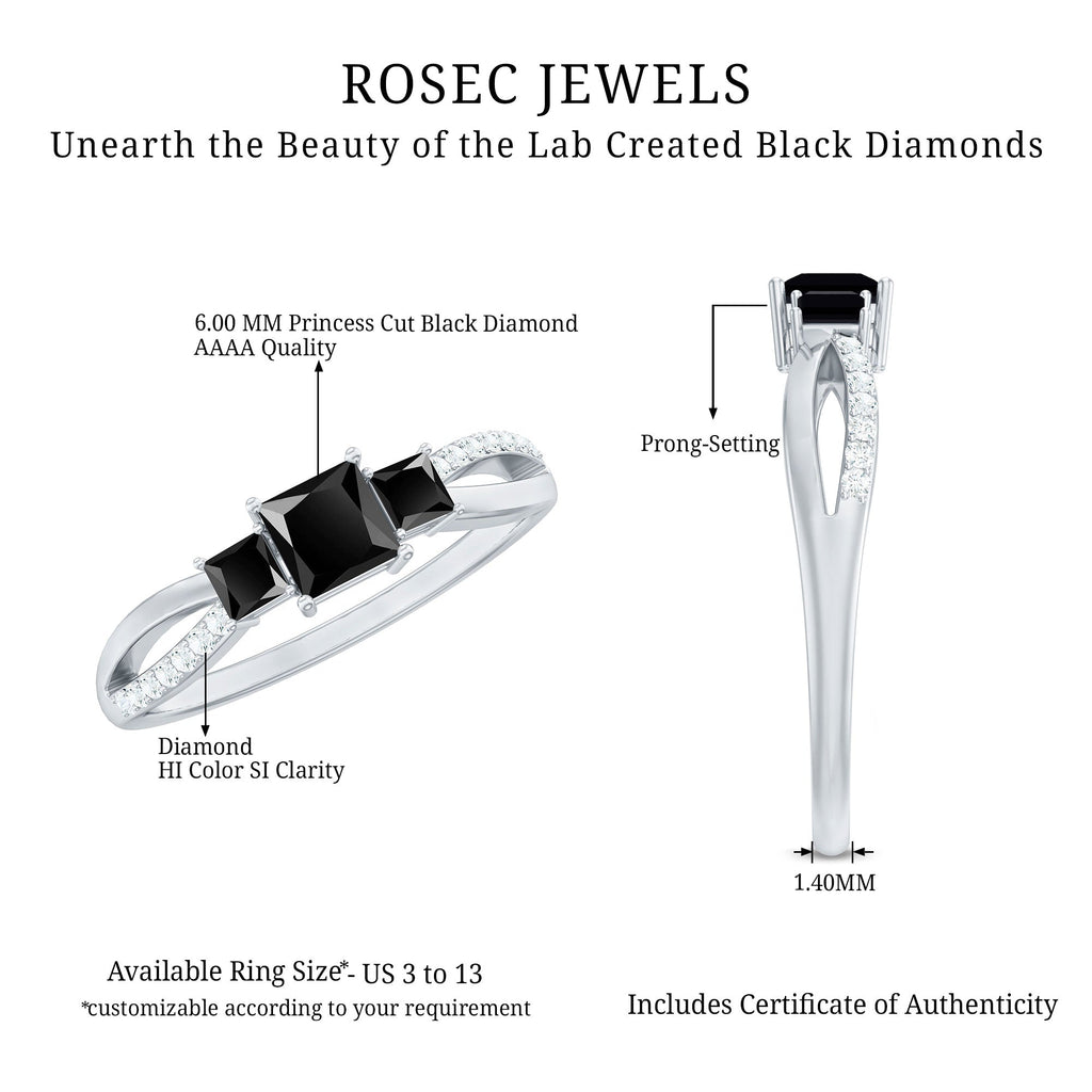 Certified 1 Carat Lab Grown Black Diamond 3 Stone Engagement Ring with White Diamond
