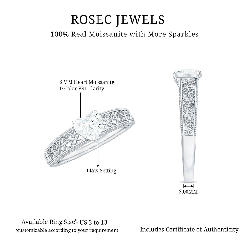 Heart Shape Solitaire Moissanite Filigree Engagement Ring