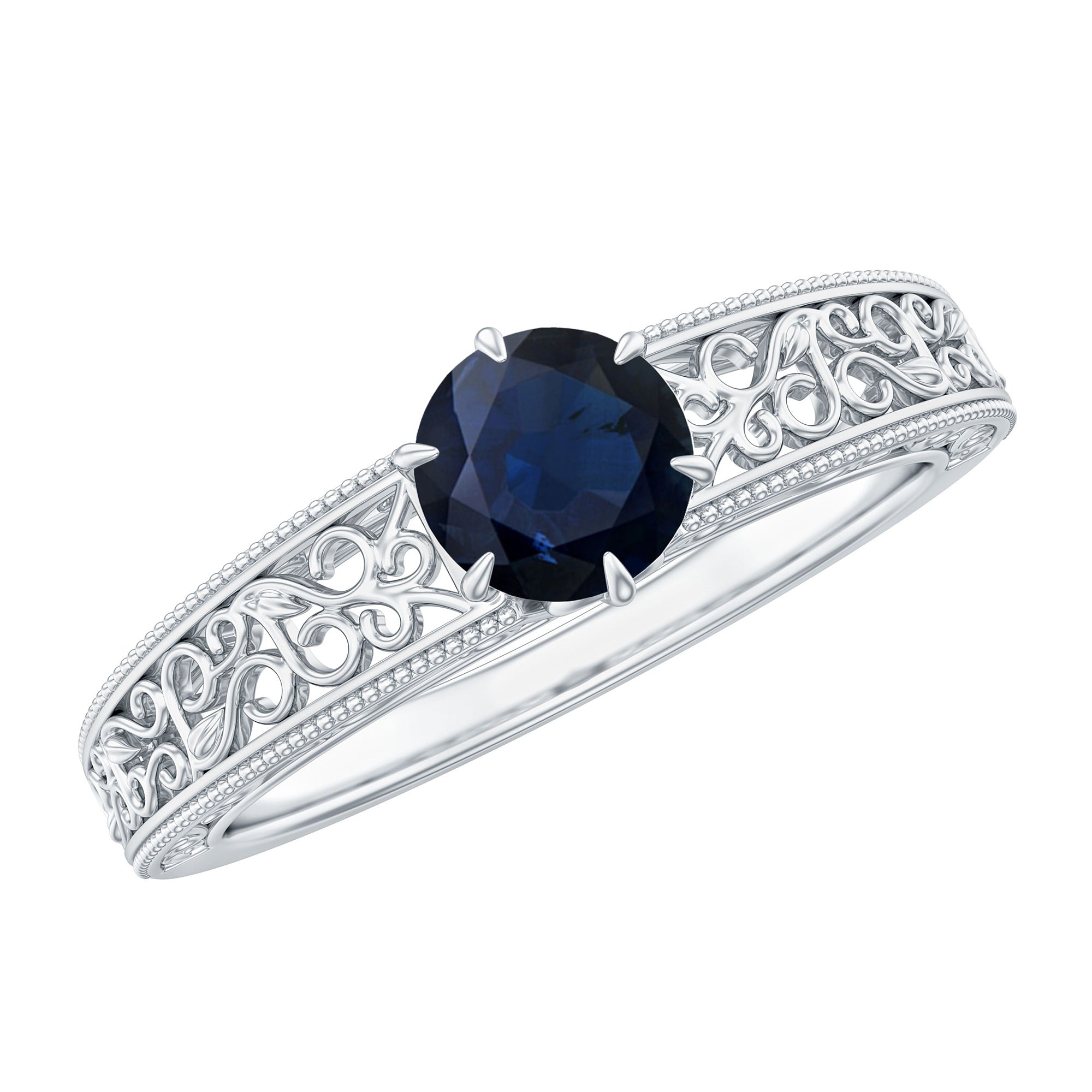 Vintage Inspired 0.9 Carat Blue Sapphire Filigree Engagement Ring for Women