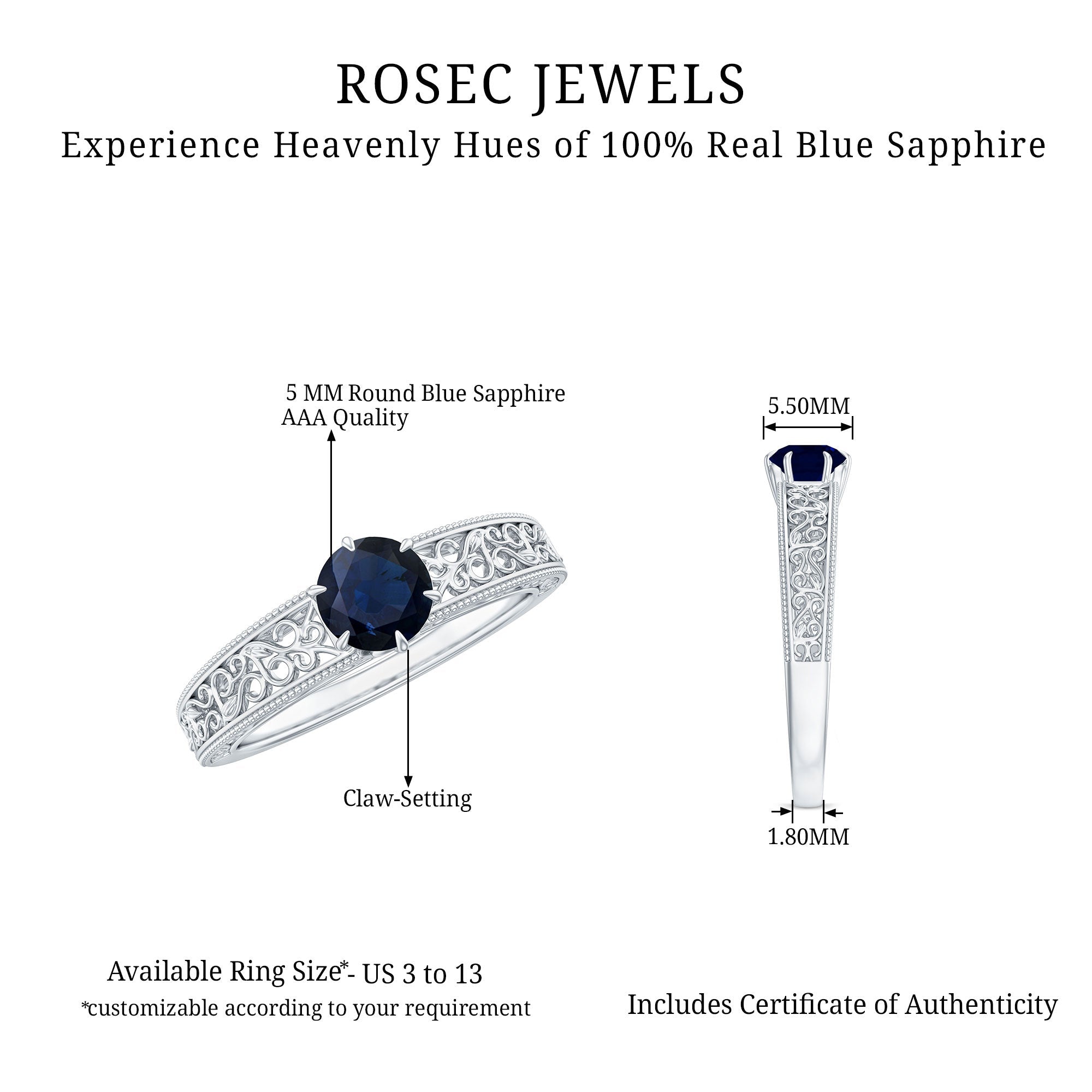 Vintage Inspired 0.9 Carat Blue Sapphire Filigree Engagement Ring for Women