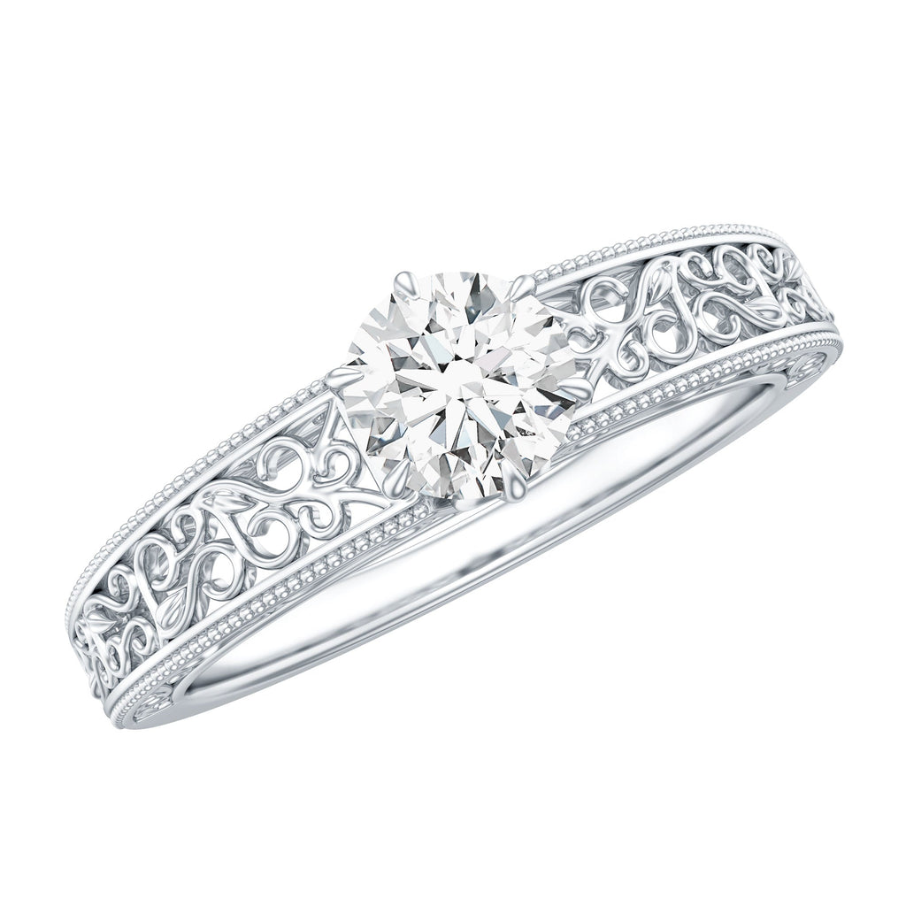 Round Cut Solitaire Moissanite Vintage Looking Engagement Ring
