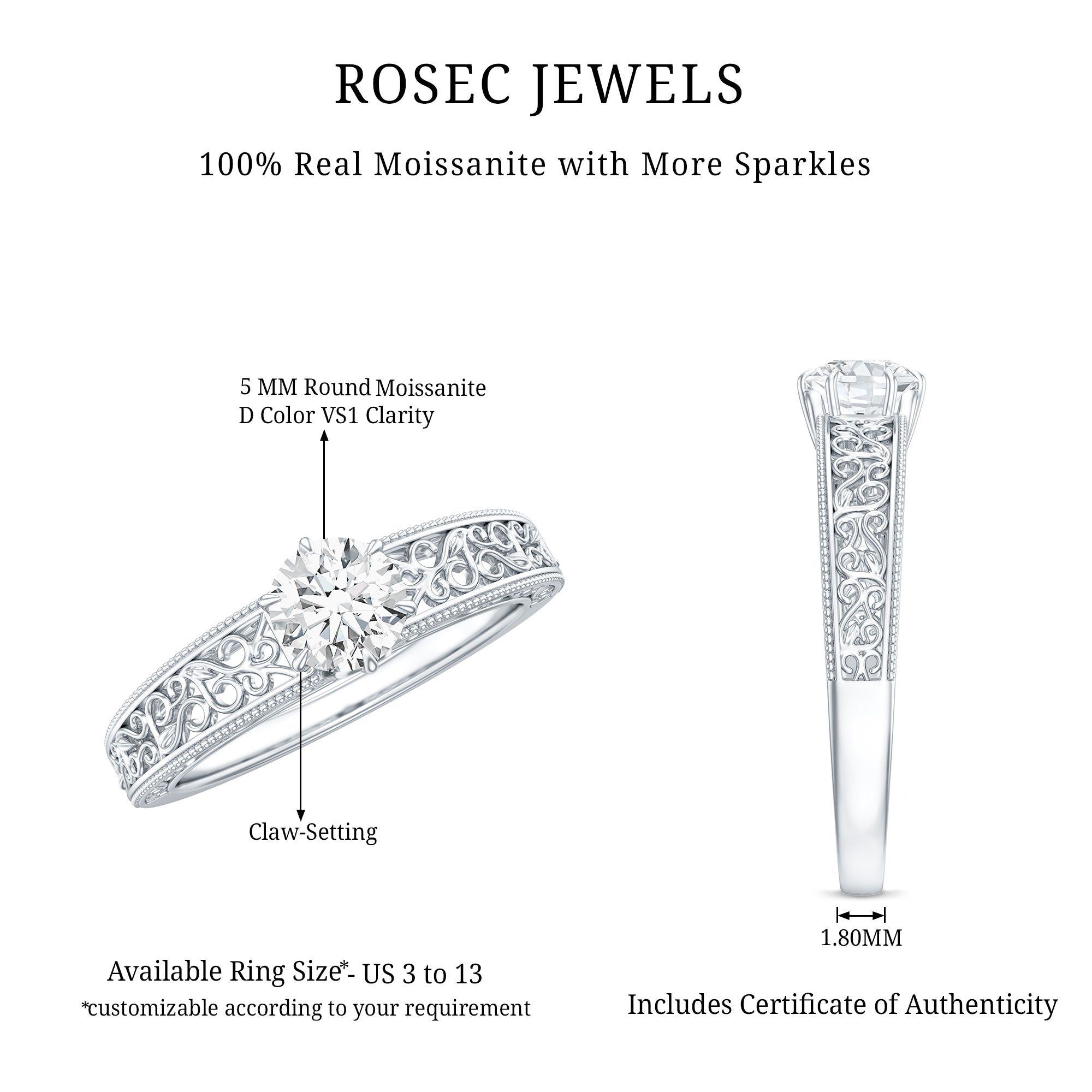 Round Cut Solitaire Moissanite Vintage Looking Engagement Ring
