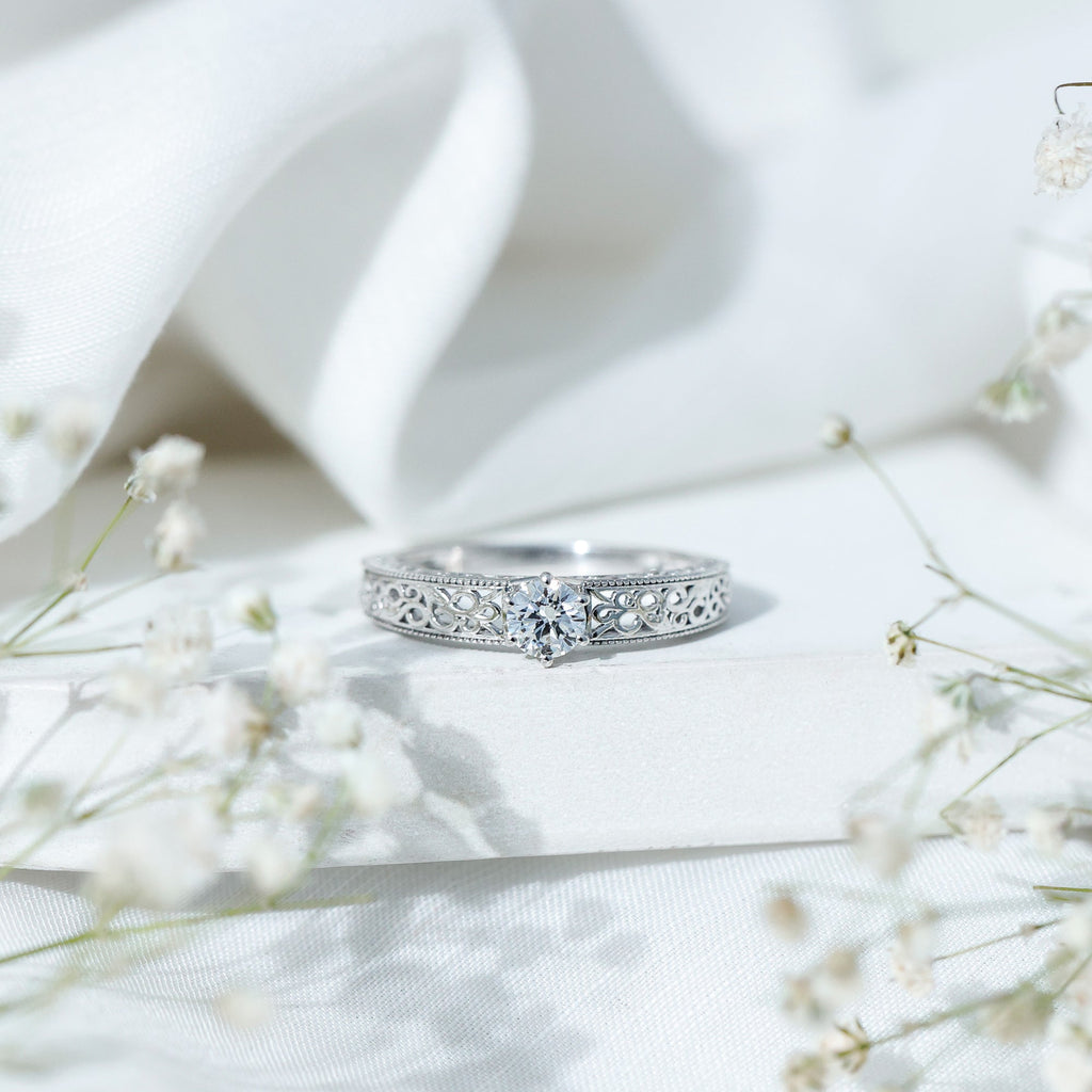 Round Cut Solitaire Moissanite Vintage Looking Engagement Ring