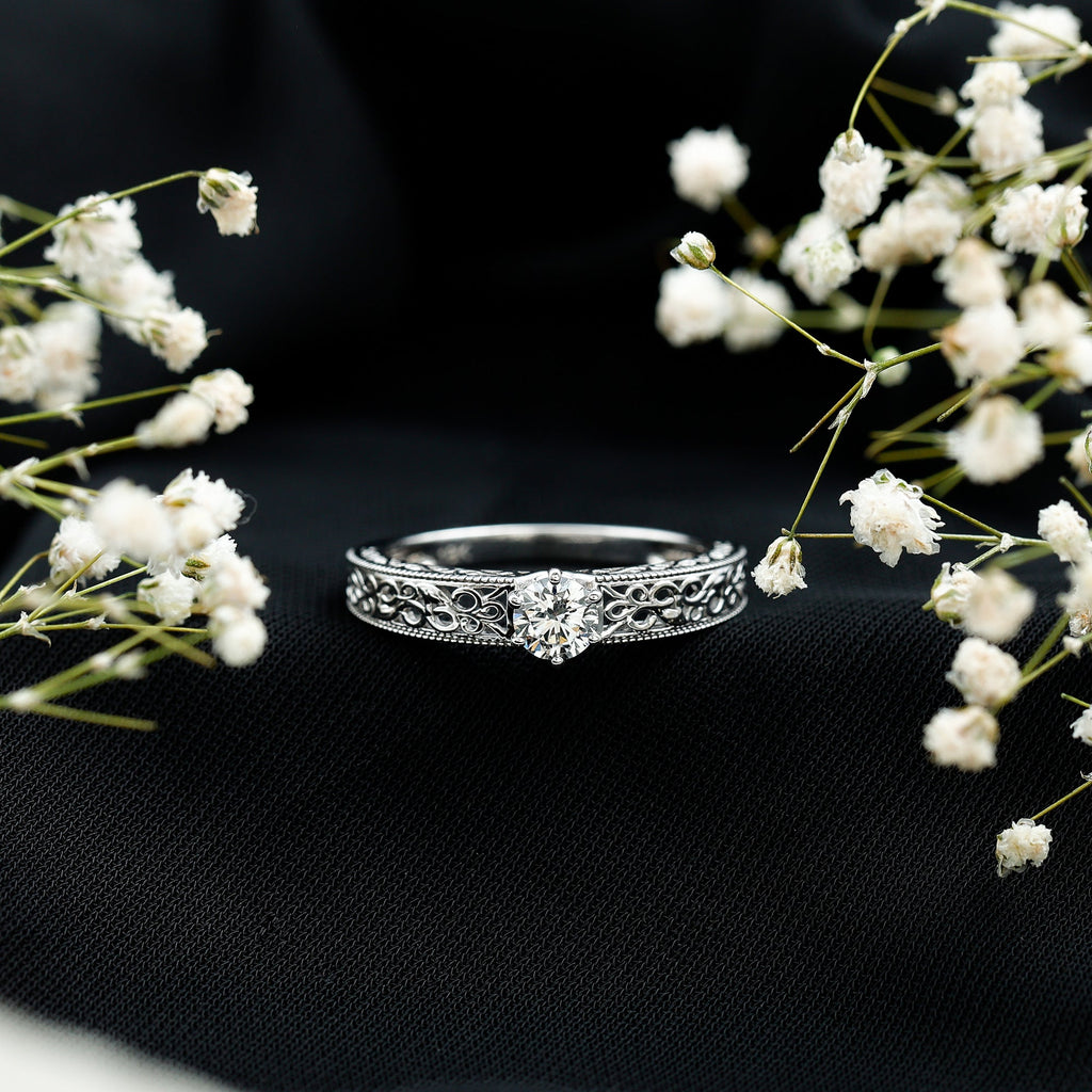 Round Cut Solitaire Moissanite Vintage Looking Engagement Ring