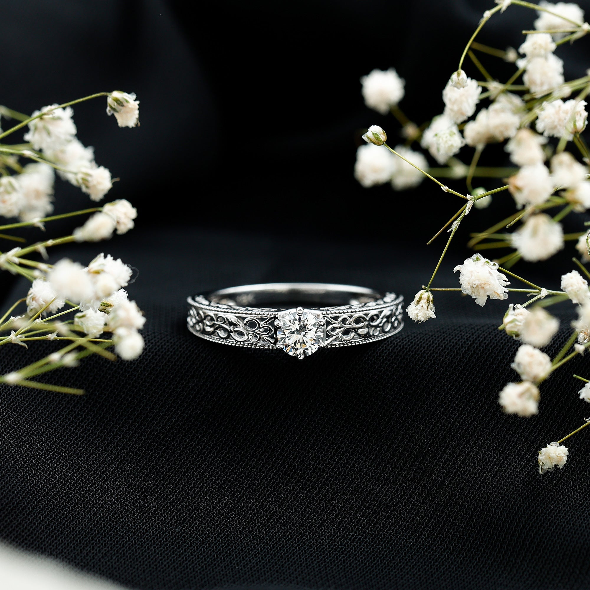 Round Cut Solitaire Moissanite Vintage Looking Engagement Ring