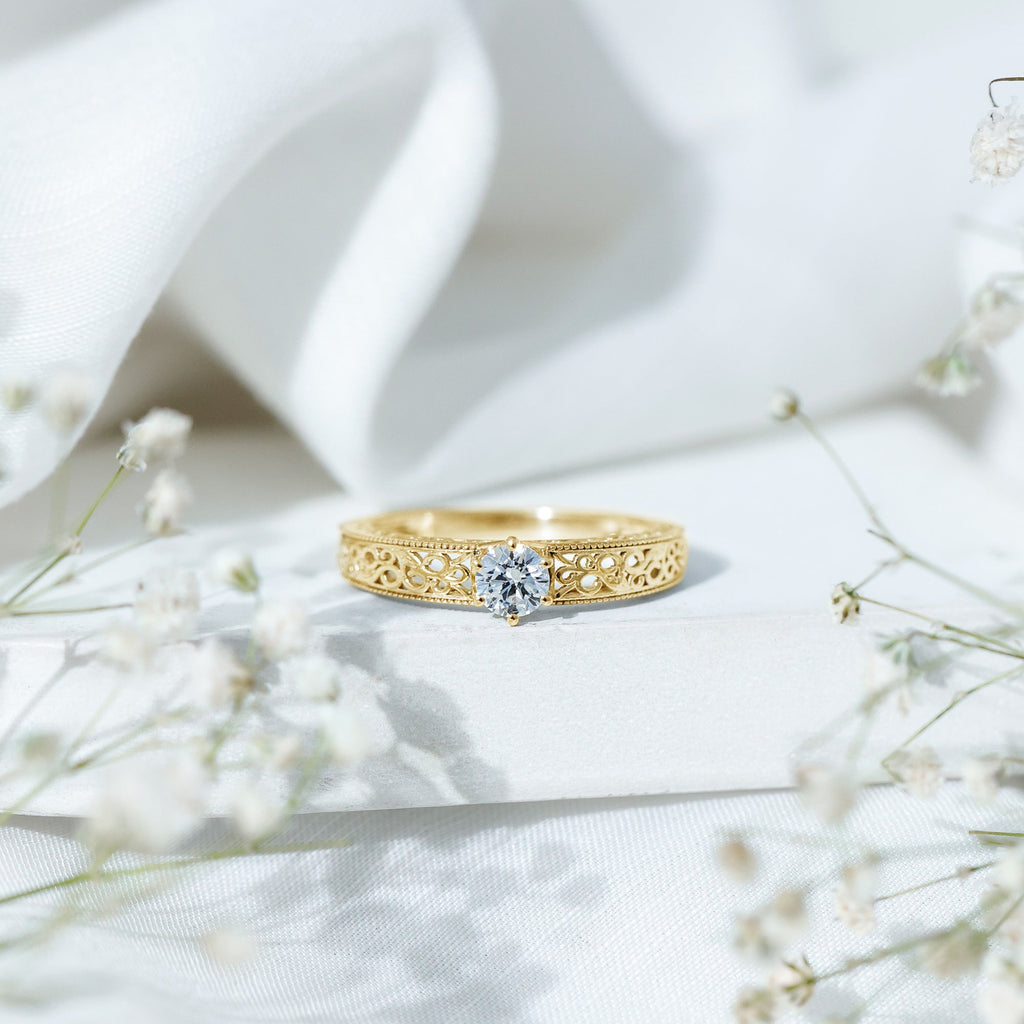 Round Cut Solitaire Moissanite Vintage Looking Engagement Ring