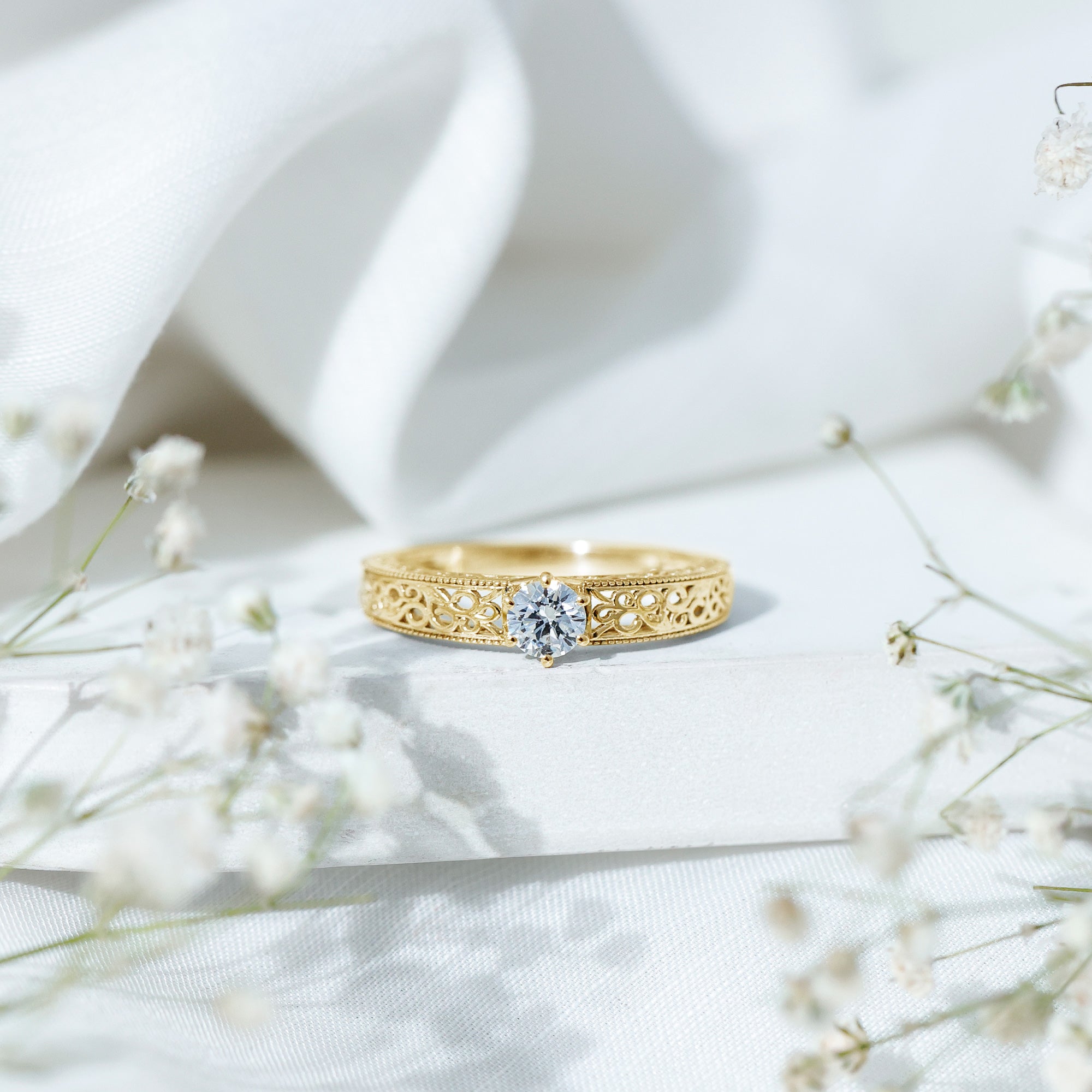 Round Cut Solitaire Moissanite Vintage Looking Engagement Ring