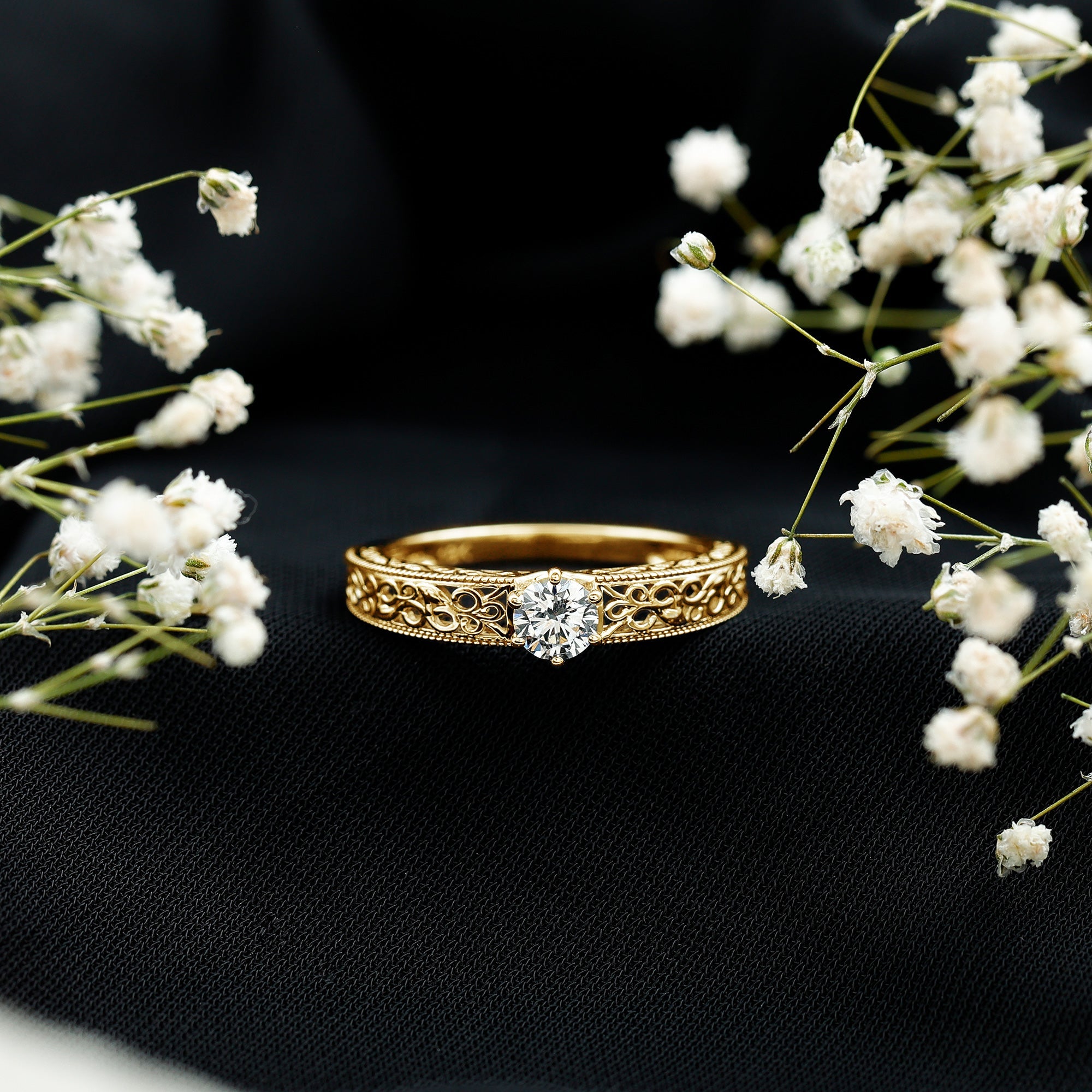 Round Cut Solitaire Moissanite Vintage Looking Engagement Ring