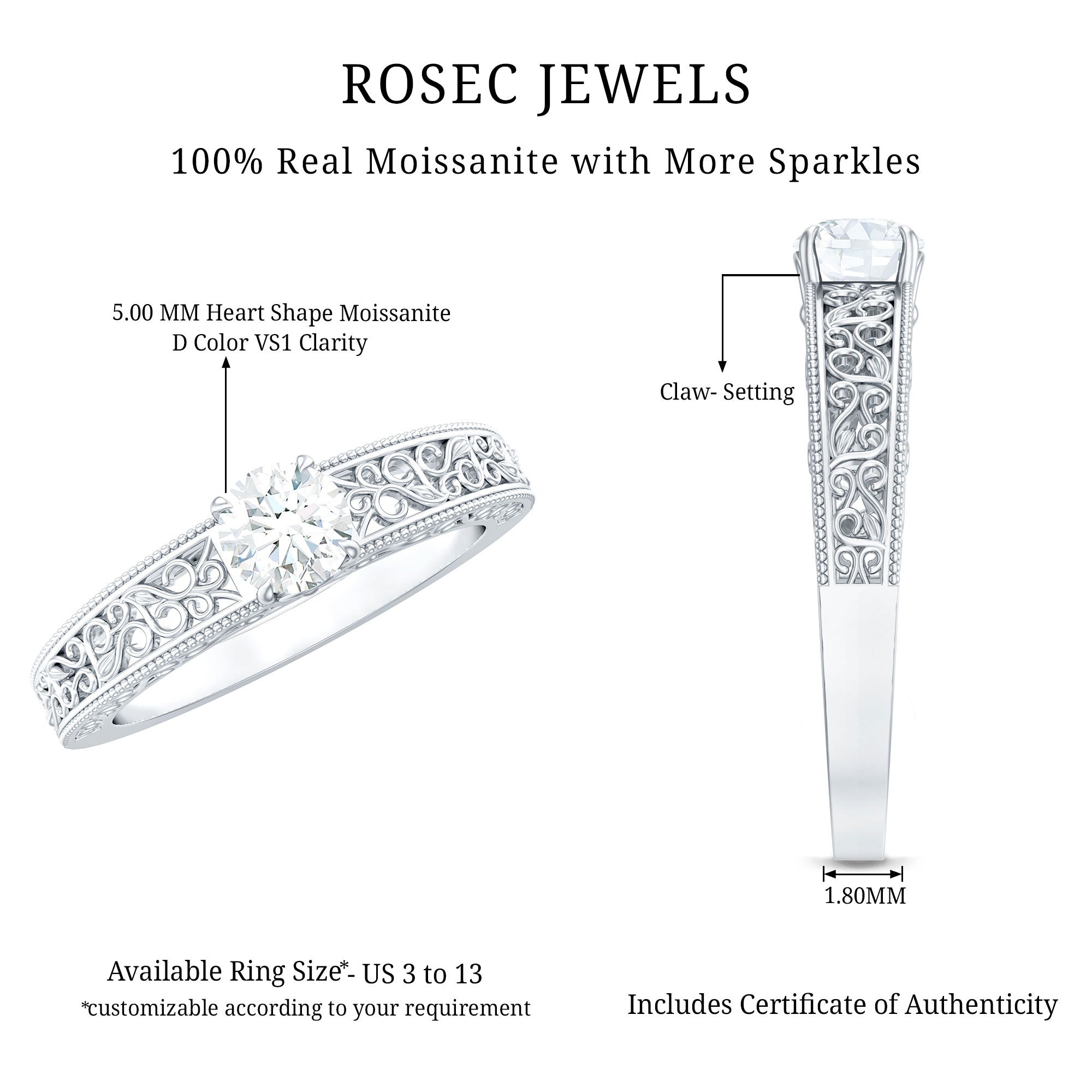 Round Cut Moissanite Solitaire Engagement Ring with Filigree Band
