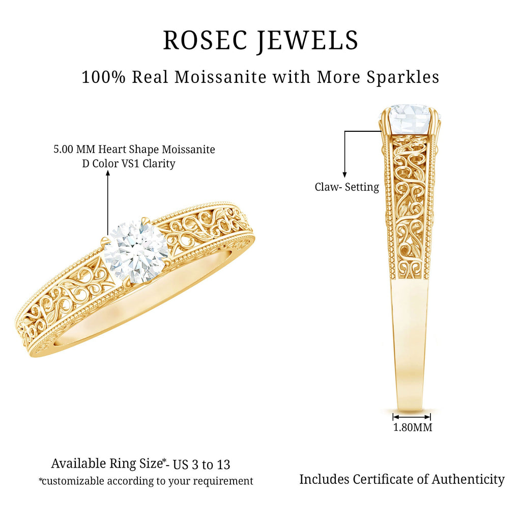 Round Cut Moissanite Solitaire Engagement Ring with Filigree Band