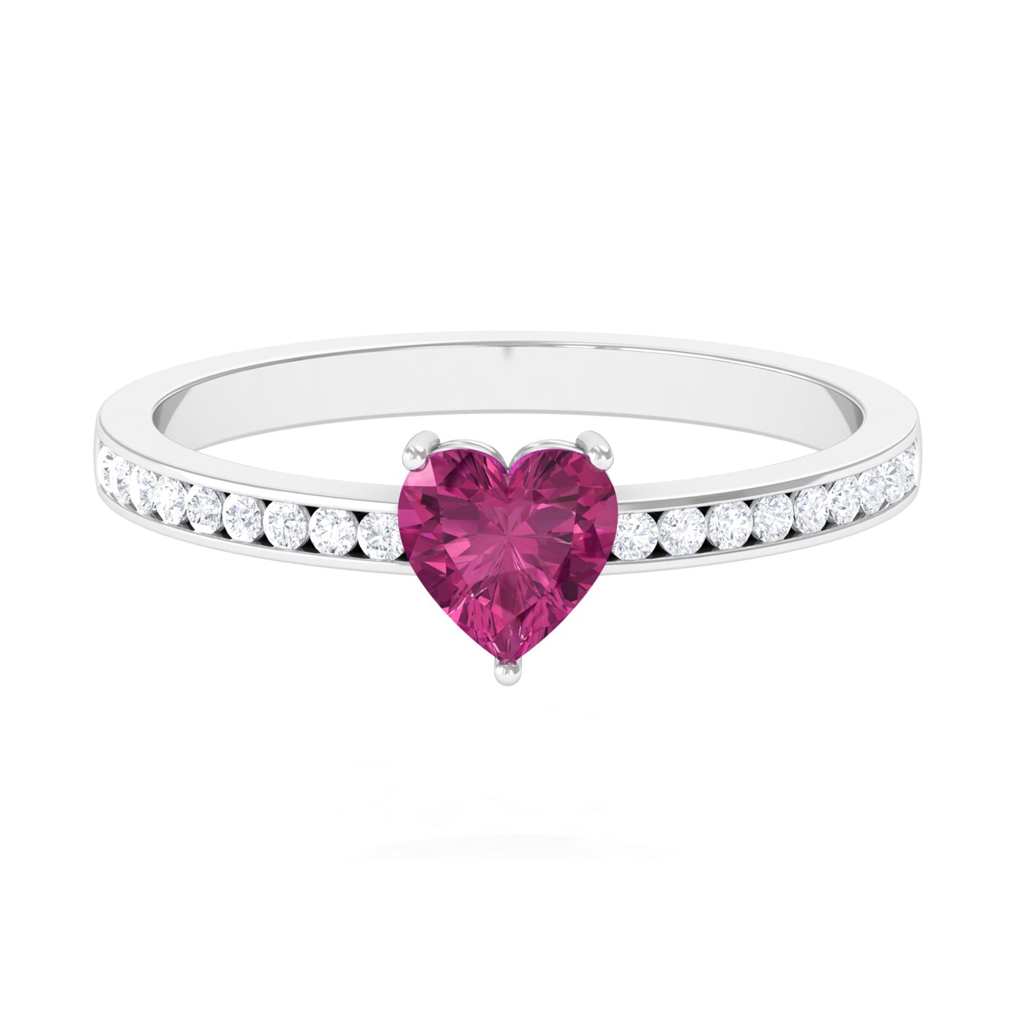 0.9 Carat Heart Shape Pink Tourmaline Solitaire Ring with Diamond Side Stones