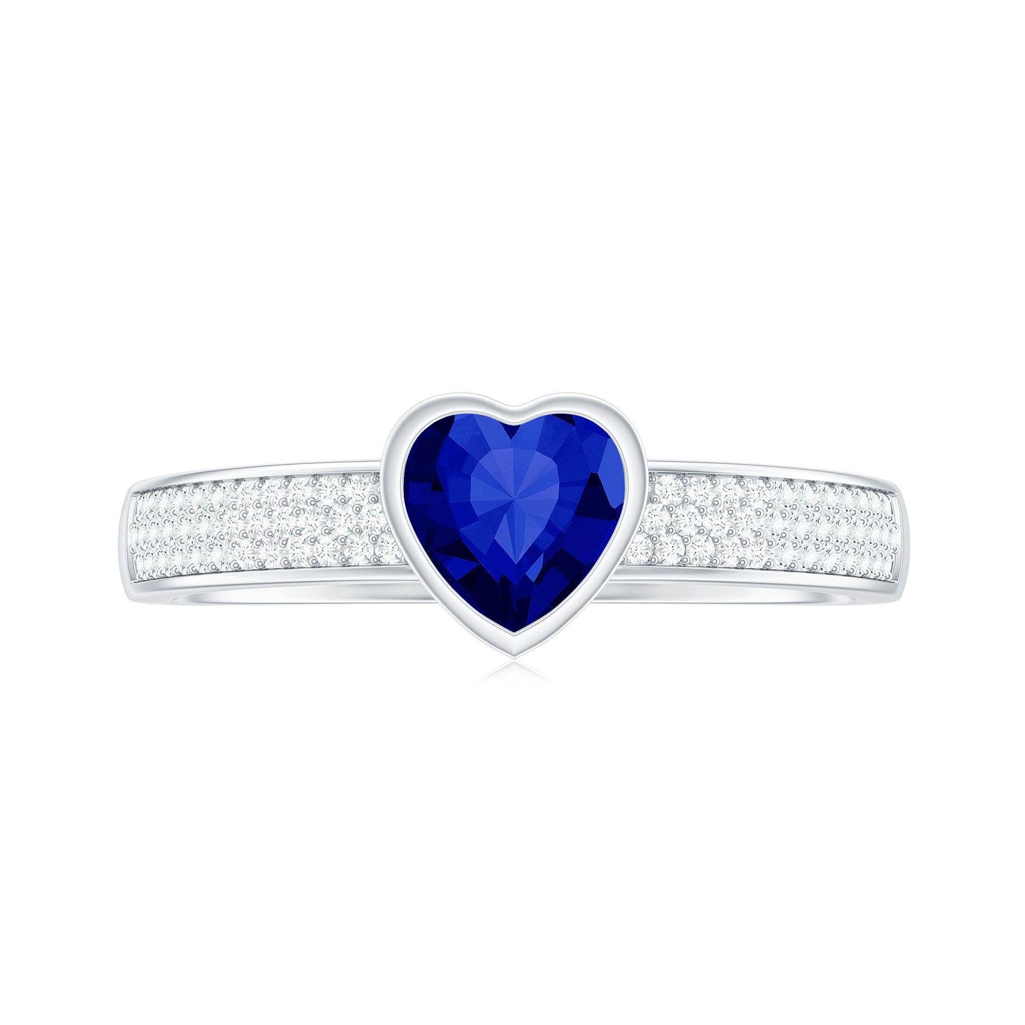 Heart Shape Created Blue Sapphire Solitaire Ring with Diamond Side Stone
