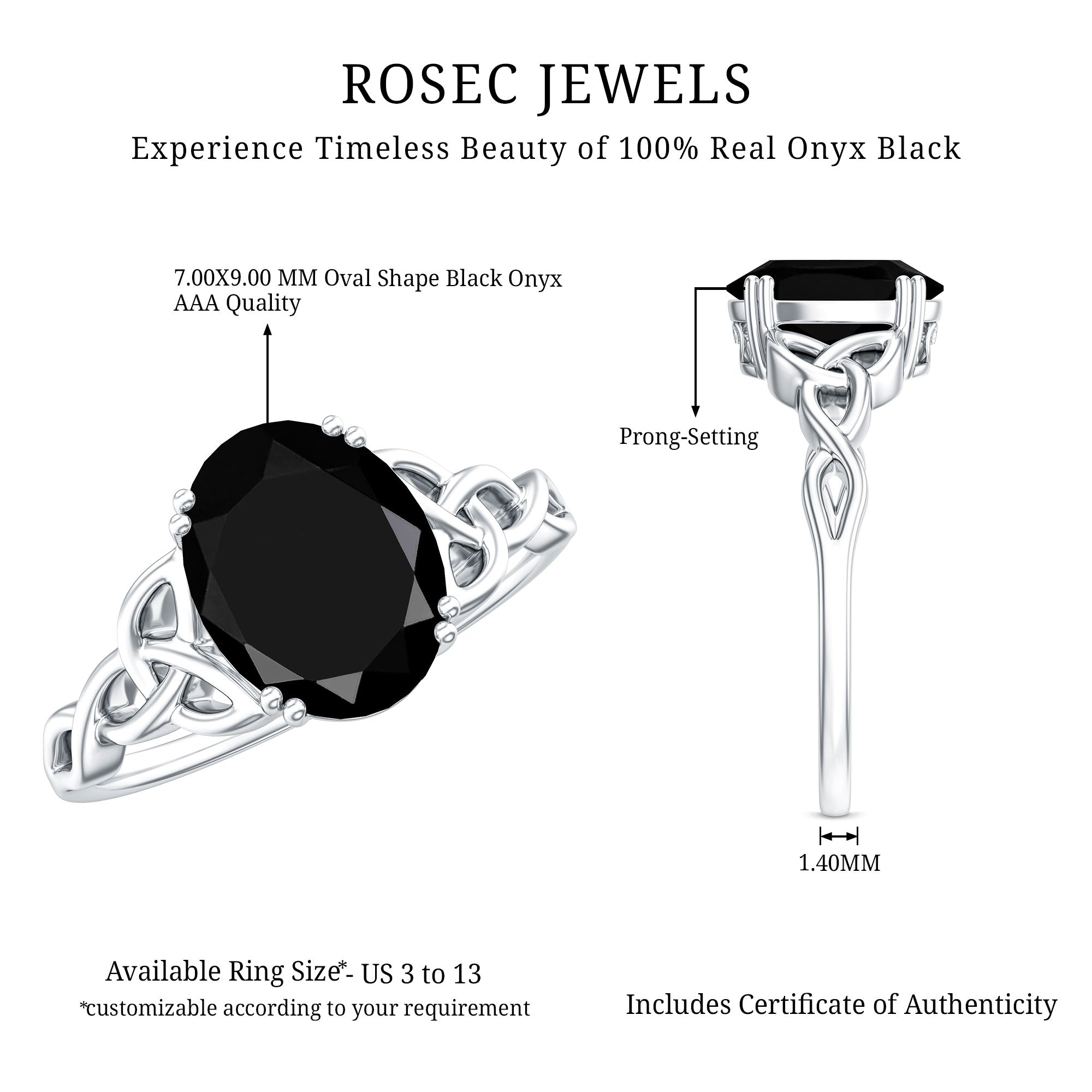 Natural 1.7 Carat Black Onyx Oval Engagement Ring with Celtic Knot