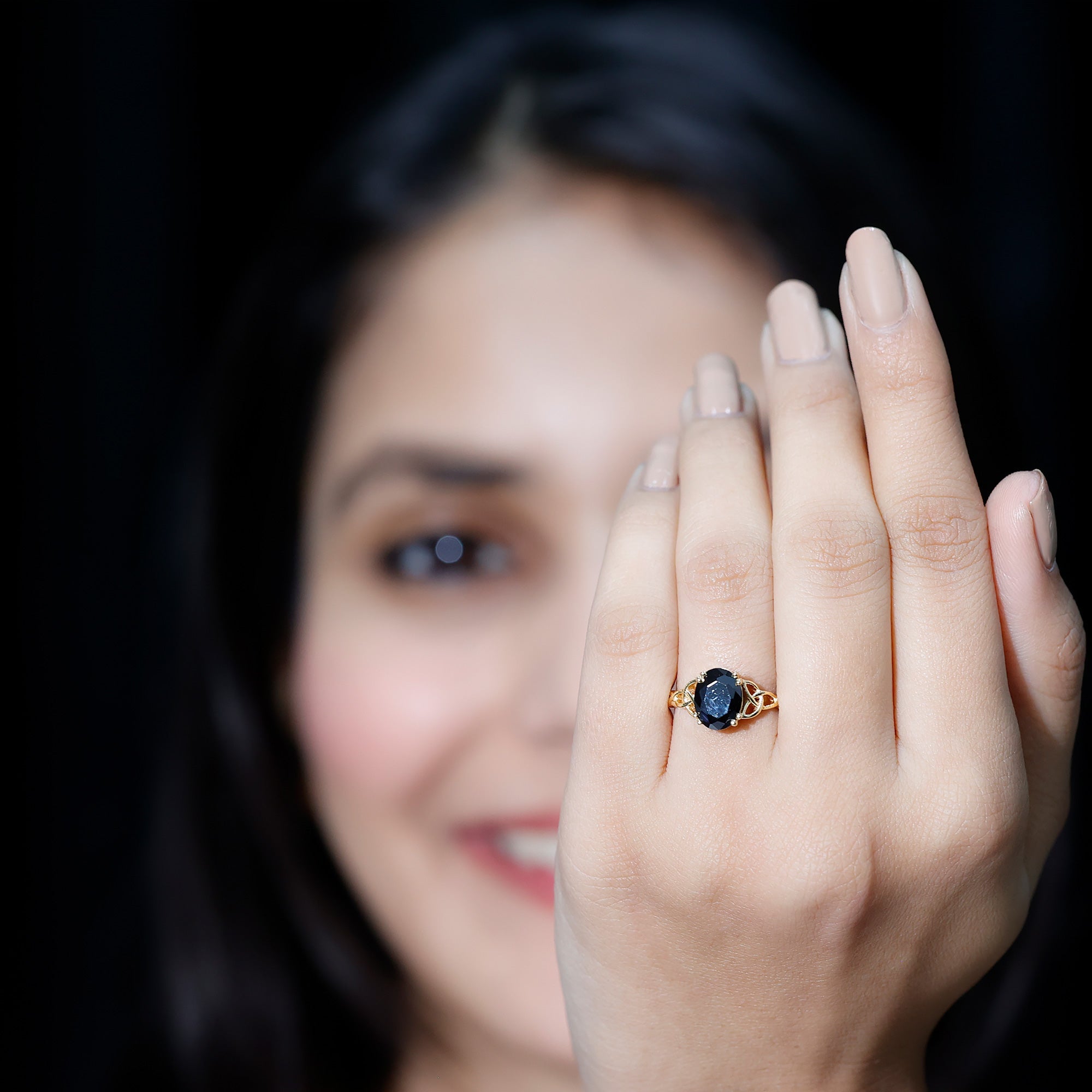 Natural 1.7 Carat Black Onyx Oval Engagement Ring with Celtic Knot