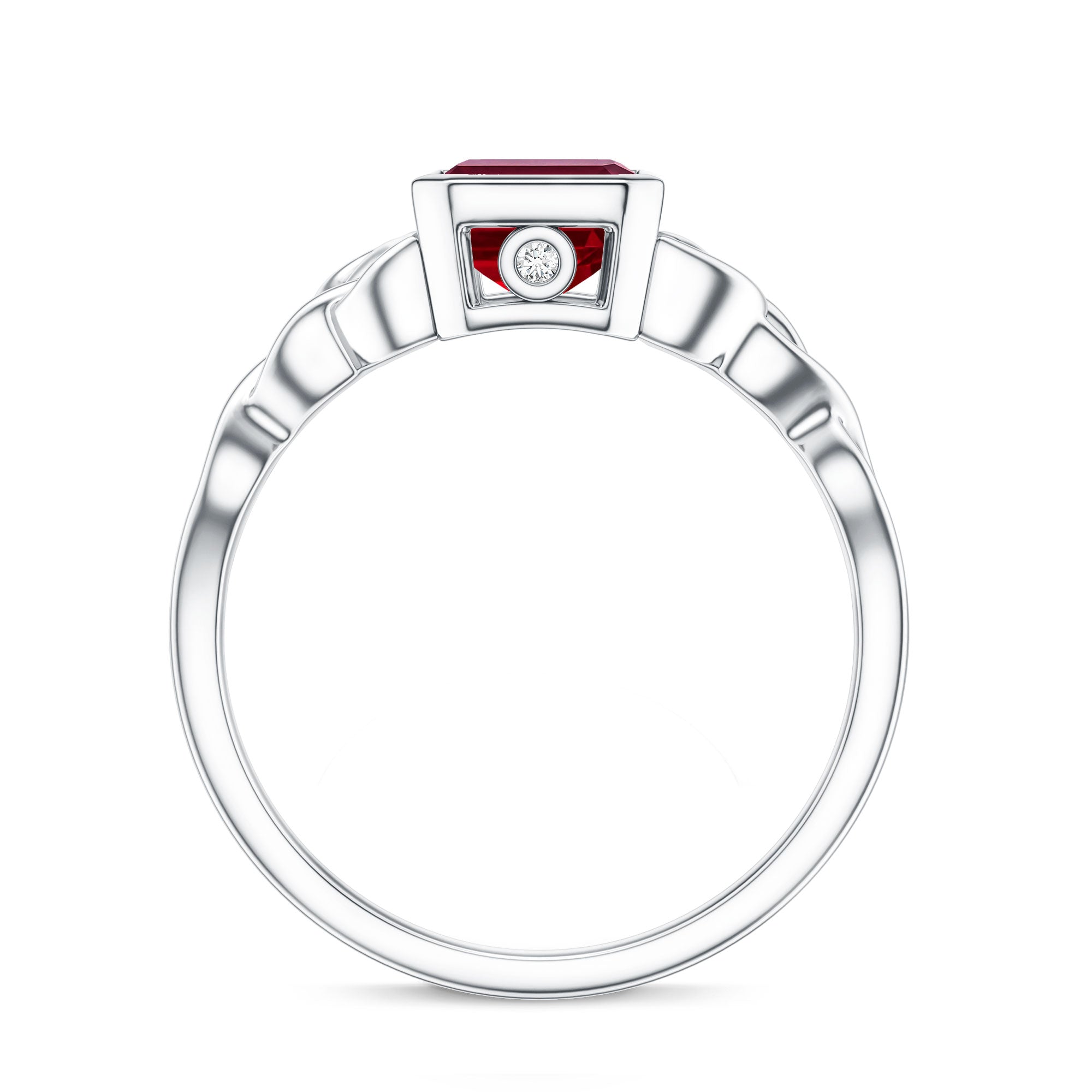 Bezel Set Emerald Cut Lab Created Ruby Celtic Engagement Ring