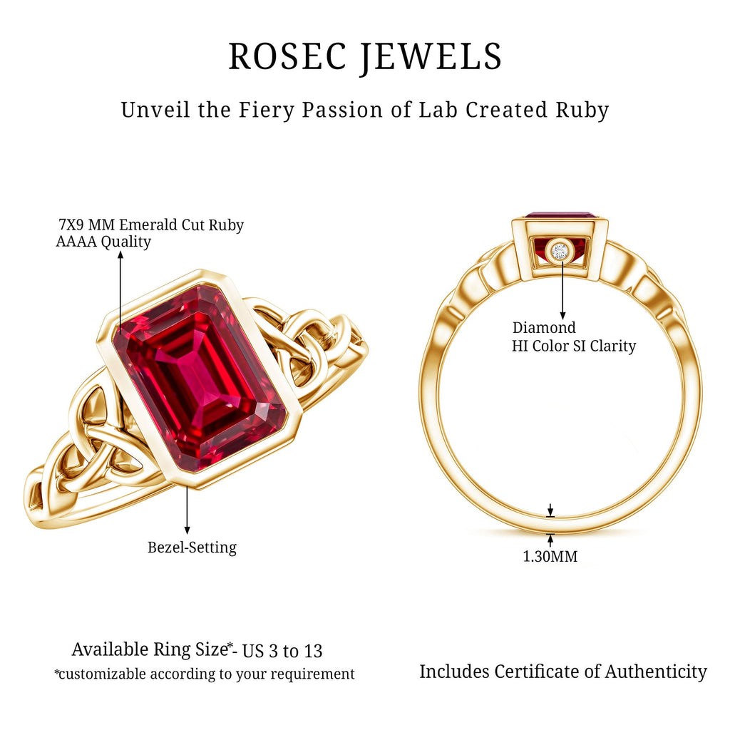 Bezel Set Emerald Cut Lab Created Ruby Celtic Engagement Ring