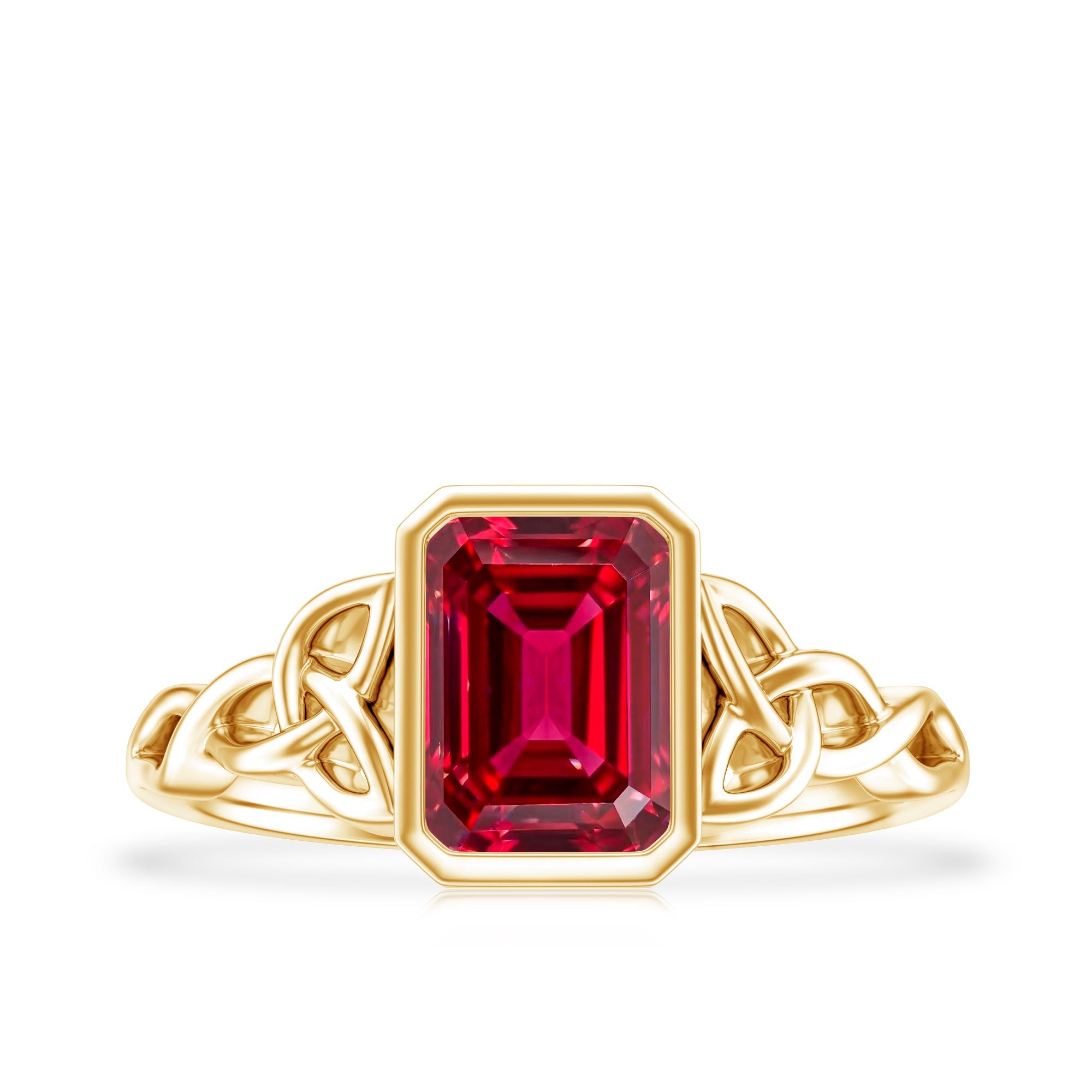 Bezel Set Emerald Cut Lab Created Ruby Celtic Engagement Ring