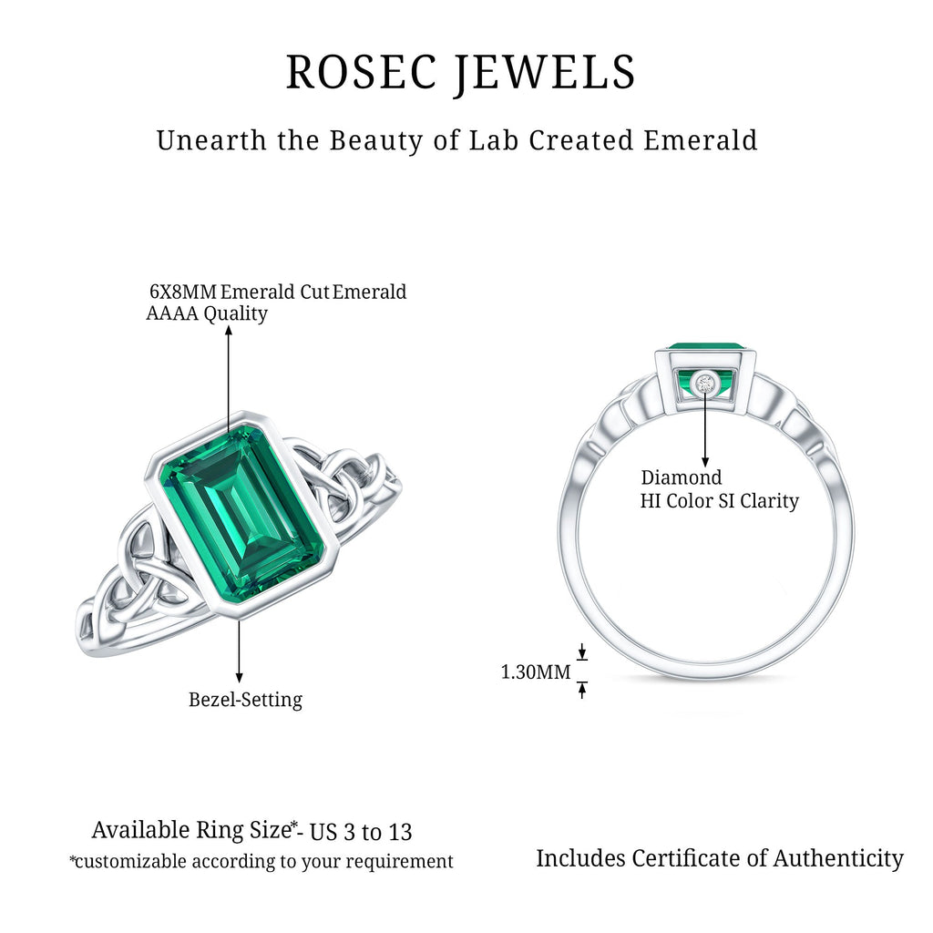 Certified Lab Grown Emerald Cut Emerald Engagement Ring with Celtic Knot