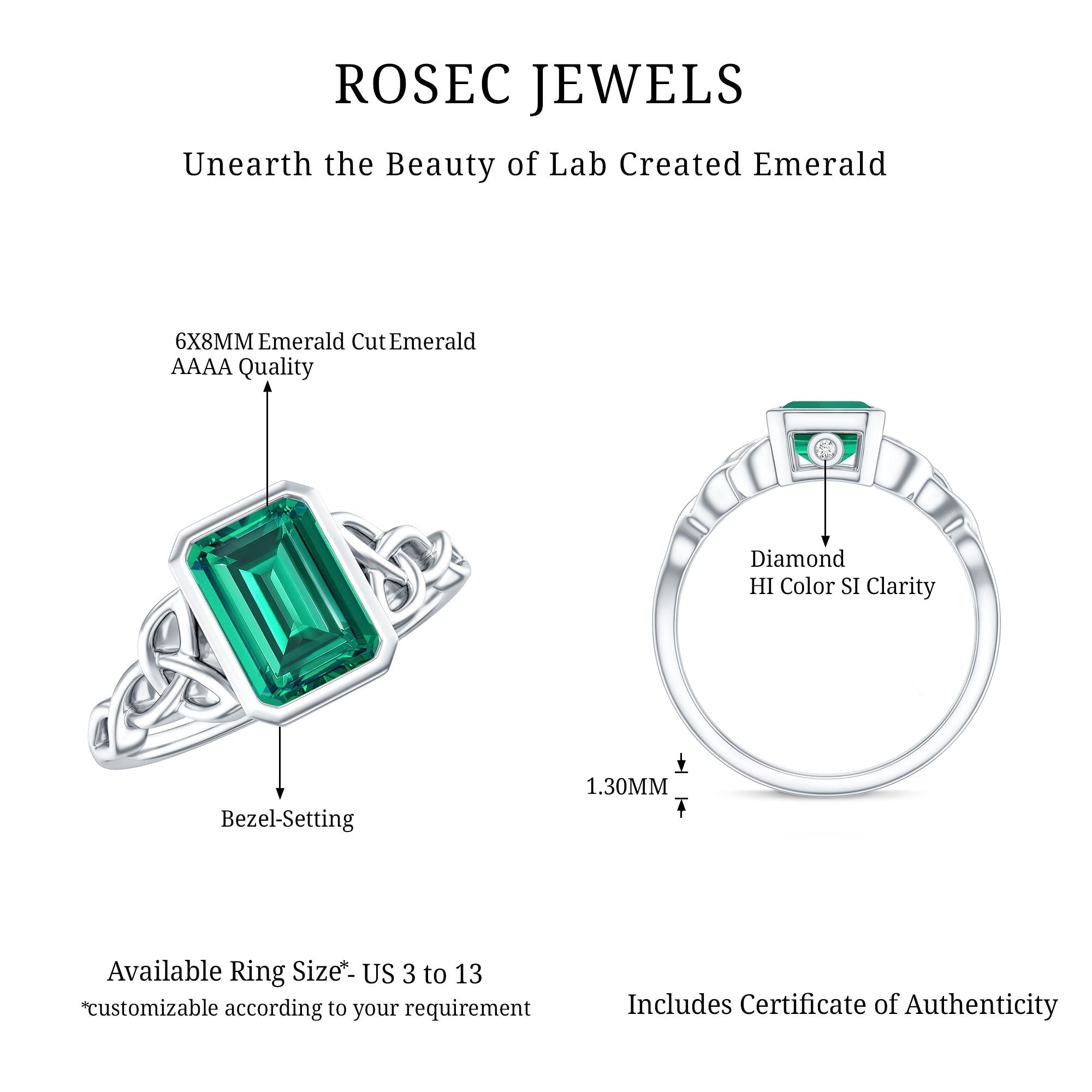 Certified Lab Grown Emerald Cut Emerald Engagement Ring with Celtic Knot