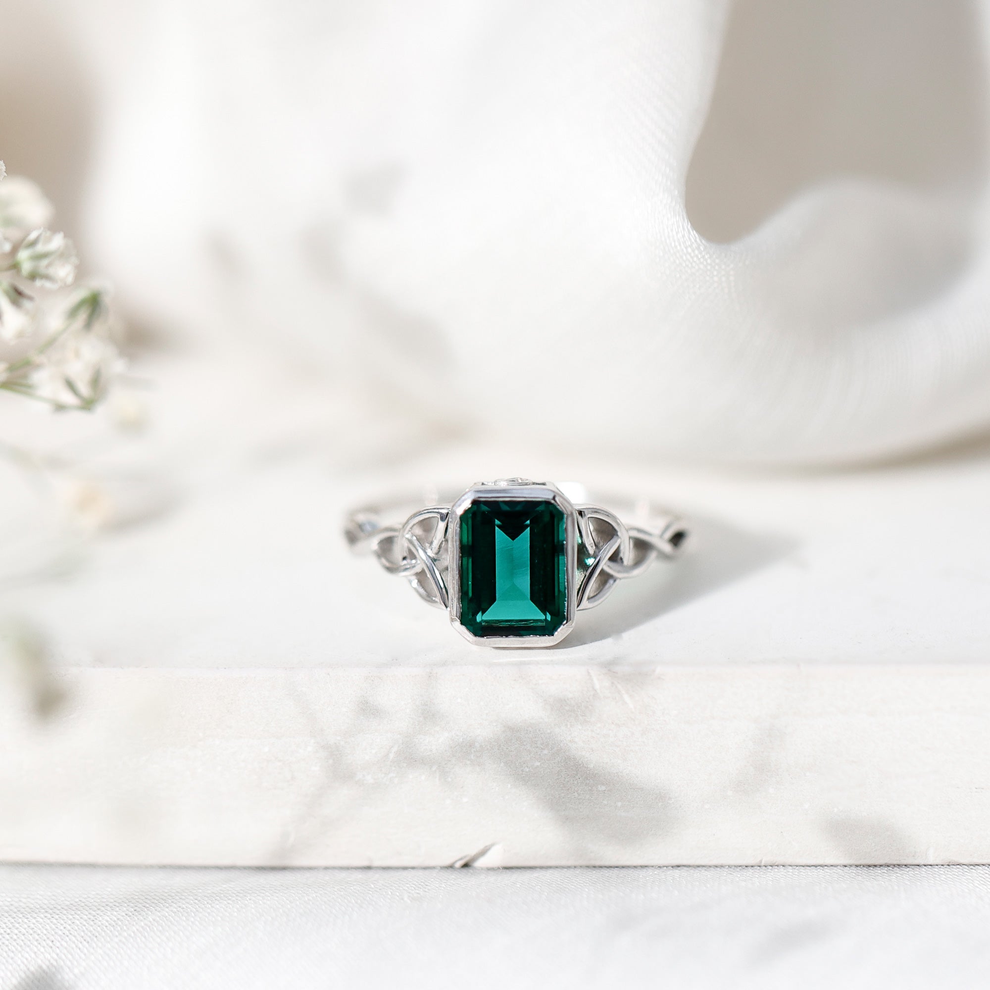 Certified Lab Grown Emerald Cut Emerald Engagement Ring with Celtic Knot