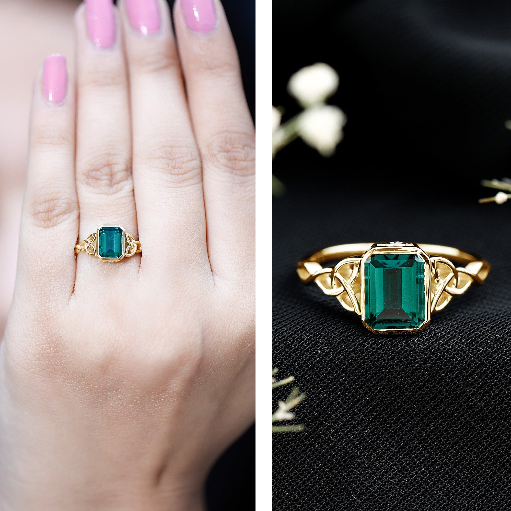 Certified Lab Grown Emerald Cut Emerald Engagement Ring with Celtic Knot