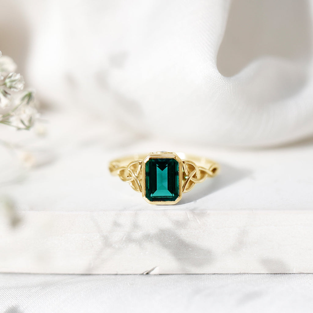 Certified Lab Grown Emerald Cut Emerald Engagement Ring with Celtic Knot