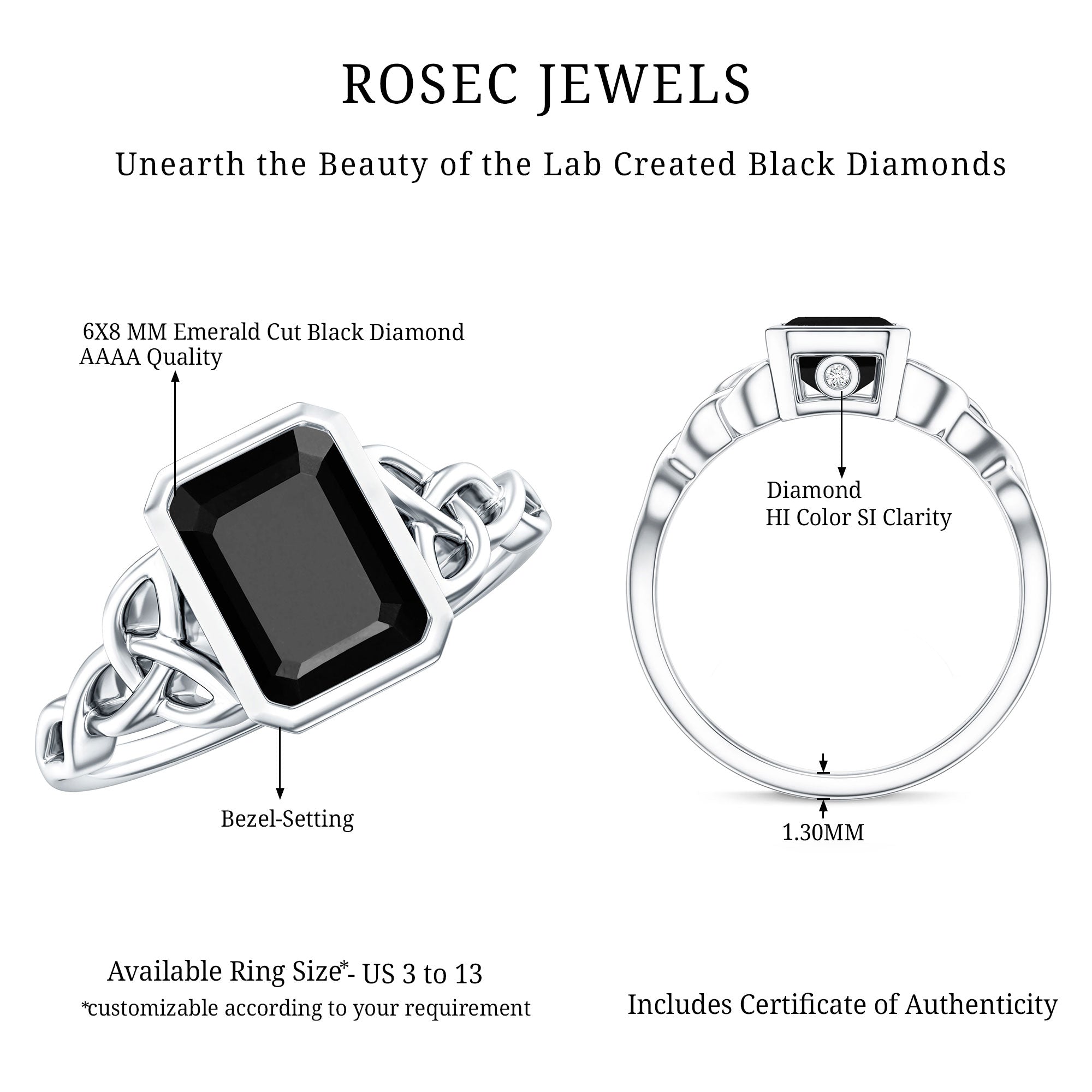 1.6 Carat Lab Grown Black Diamond Celtic Knot Engagement Ring with Surprise White Diamond