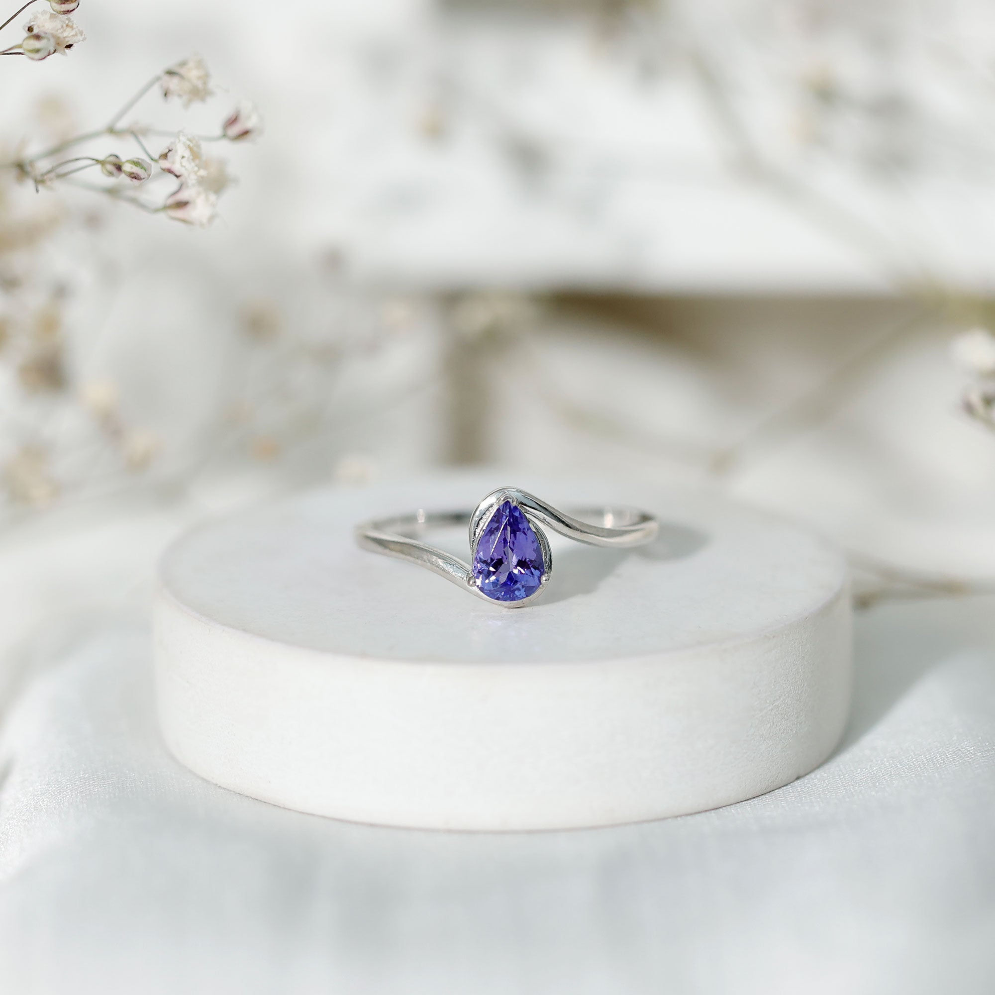 Natural Tanzanite Solitaire Engagement Ring with Bypass Shank