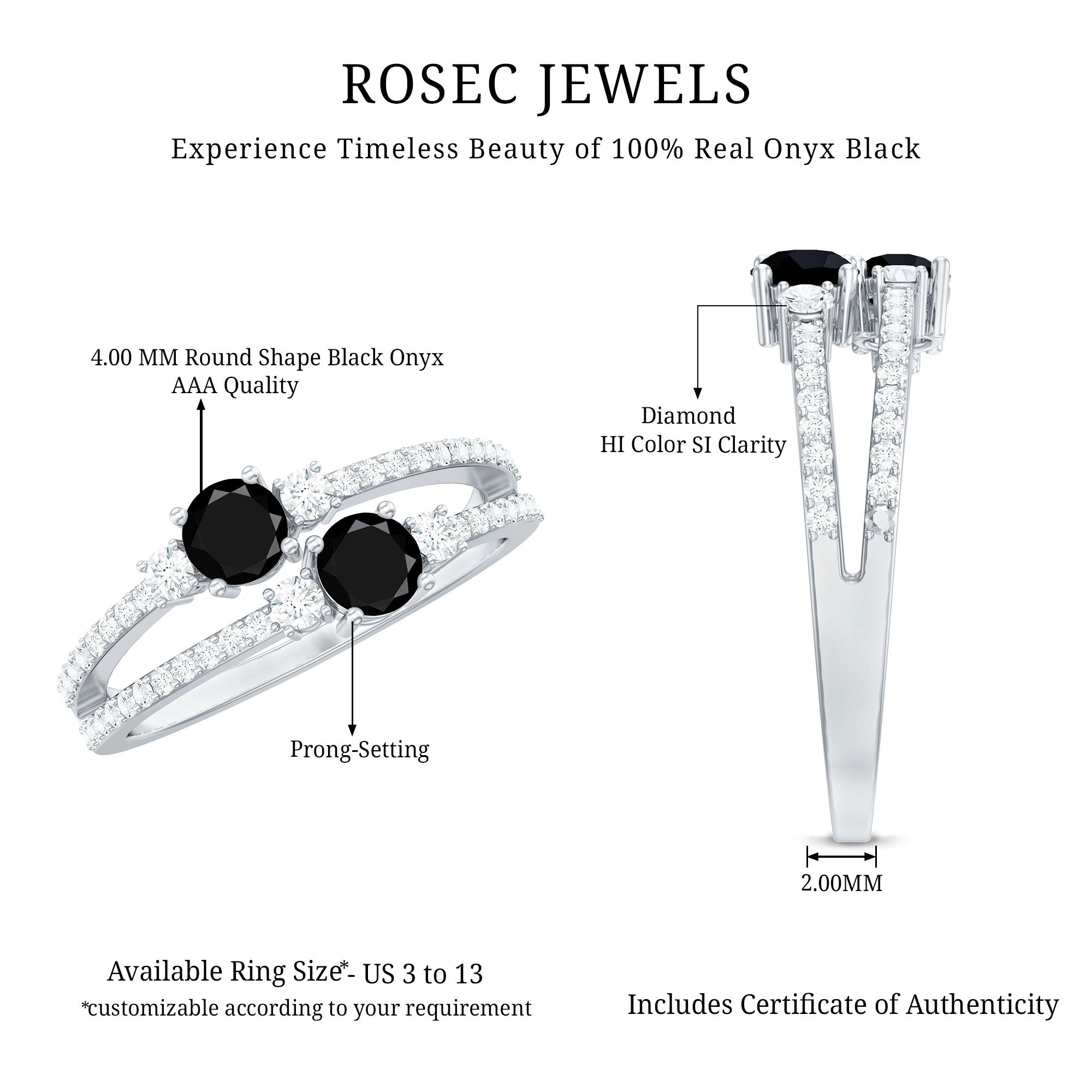 Genuine Black Onyx Two Stone Promise Ring with Diamond