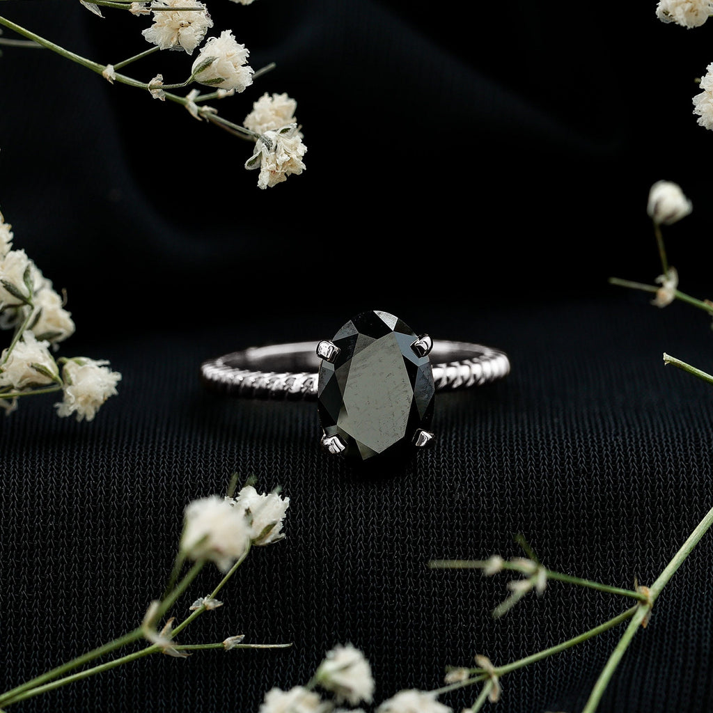 4.2 Carat Oval Lab Grown Black Diamond Solitaire Engagement Ring with Surprise White Diamond